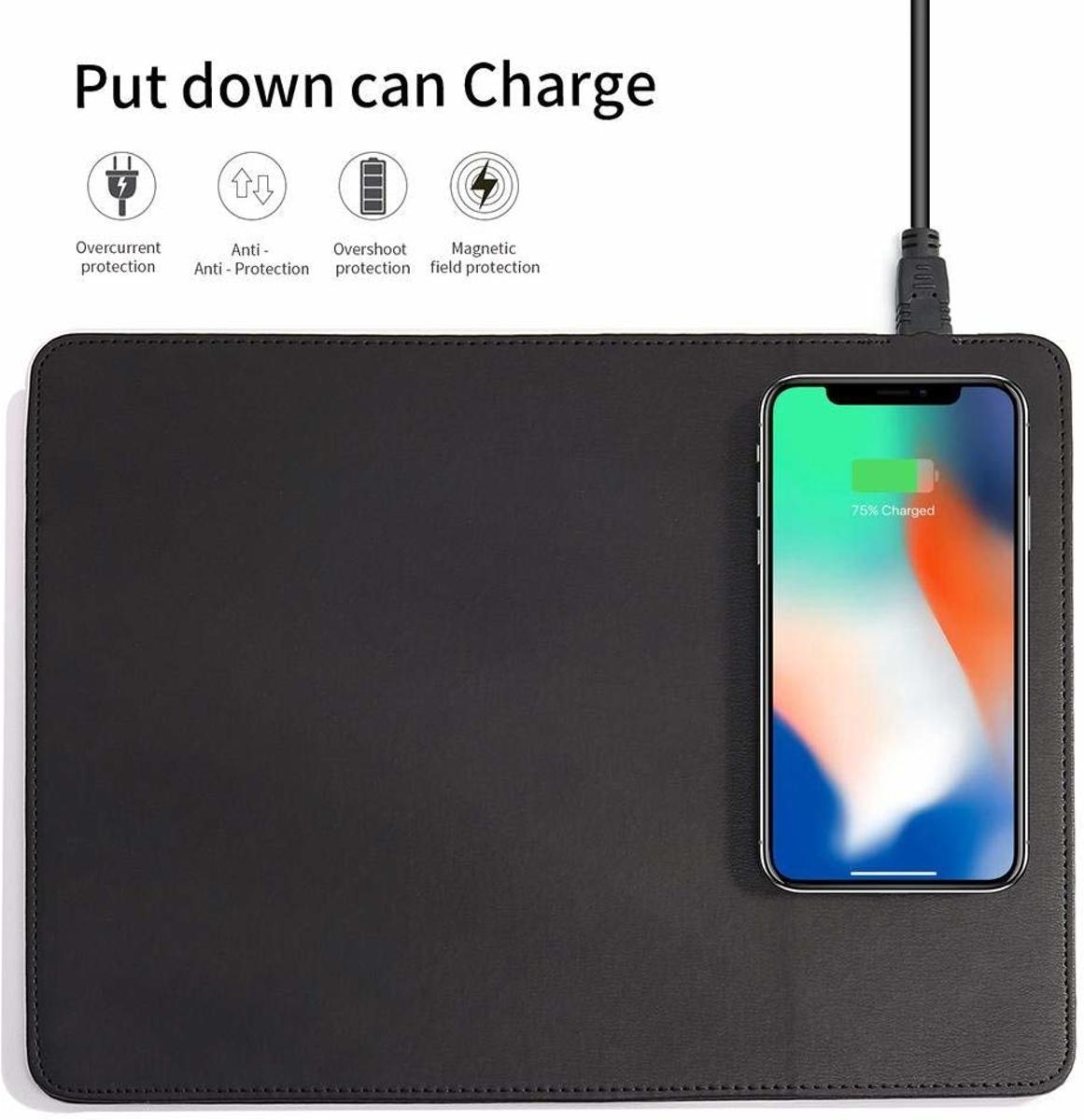 Muismat Met Draadloos Opladen - Qi Wireless Fast Charger - Samsung - Apple - Huawei -Leder - Zwart - Met Gratis Fast Charger