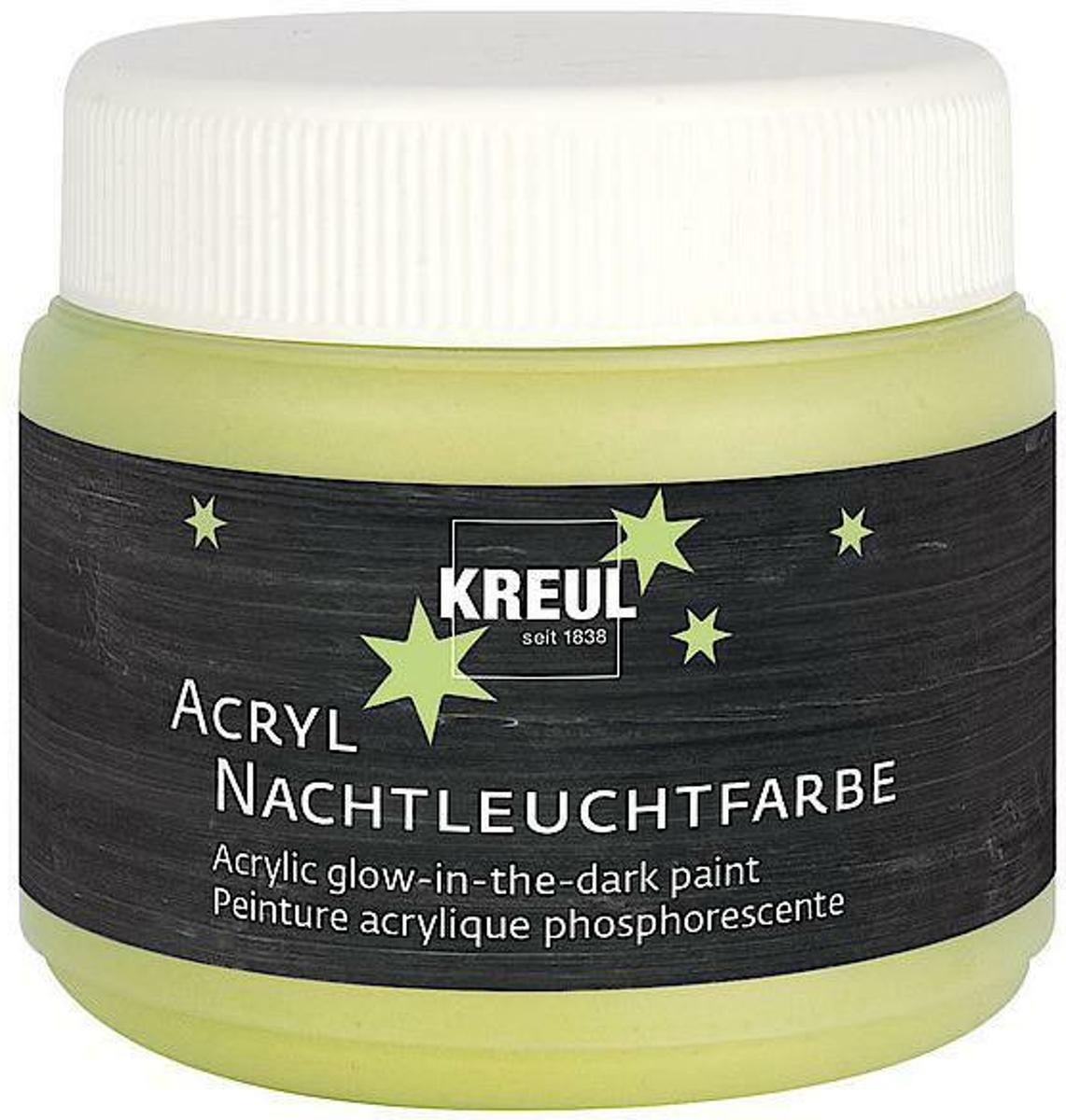 KREUL Glow in the Dark acryl verf - 150 ml gele acryl verf die licht in het donker geeft - Waterverdunbare verf - Geschikt voor hout, papier, steen, doek - Voor schilderen, vingerverf, hobby, knutsel, kinderkamer, etc