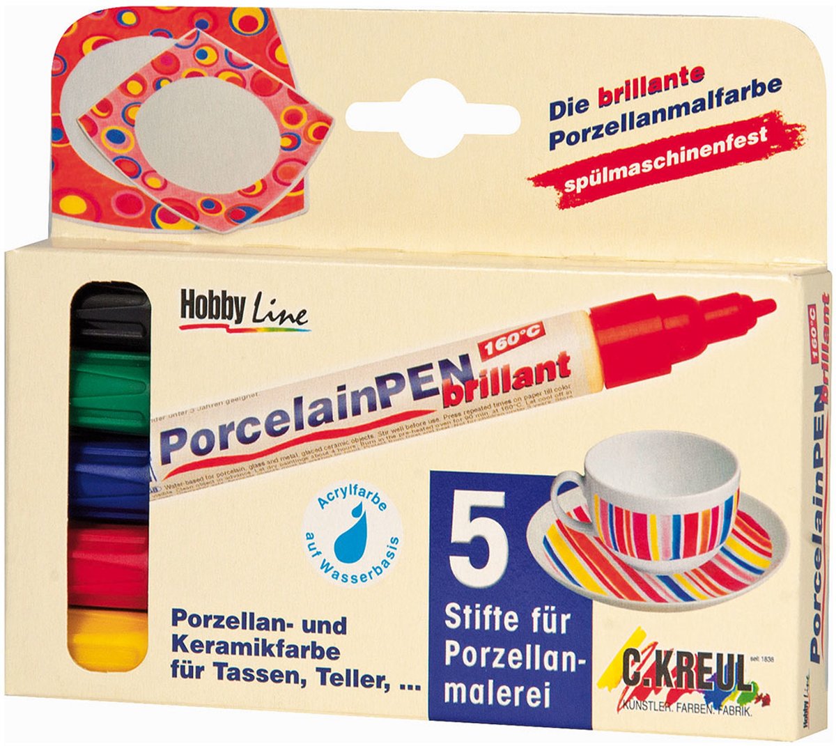 Kreul Porselein Marker Brillant Set -  5 Kleuren Porcelein stiften