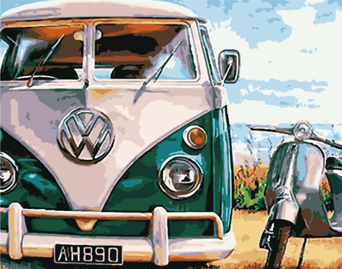 Volkswagen Busje met scooter - Schilderen op nummer Volwassenen - Paint by number - Hobby - Creatief - DIY