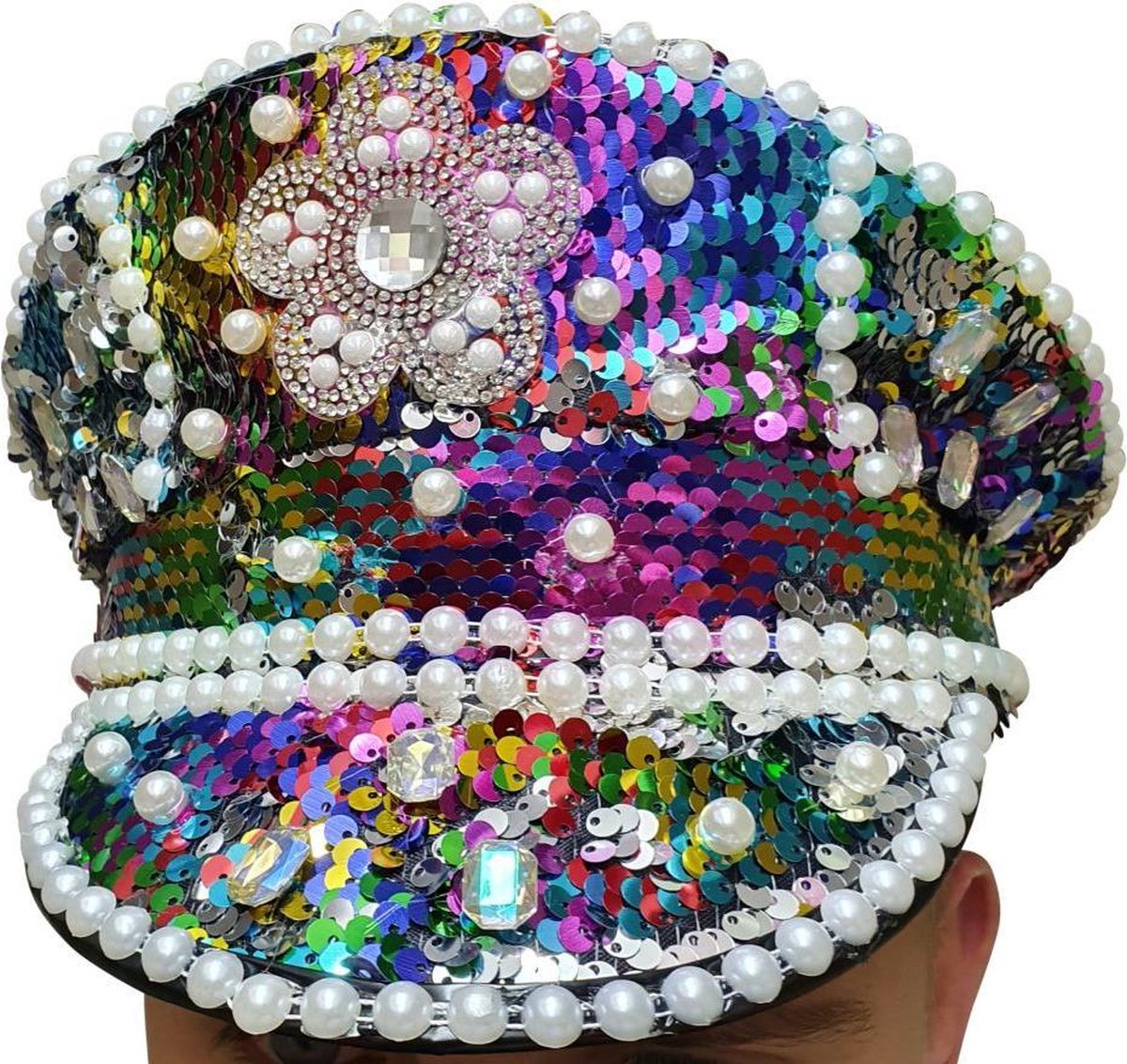 Luxe Burningman hat met pailletten en stenen, Burningman pet, Burningman hoed, regenboog maat 58