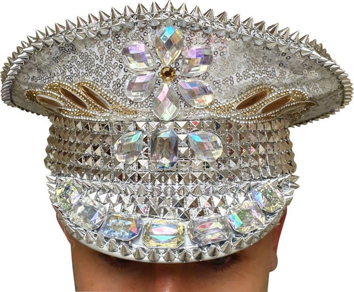 Luxe Burningman hat met pailletten en stenen, Burningman pet, Burningman hoed, zilver maat 60