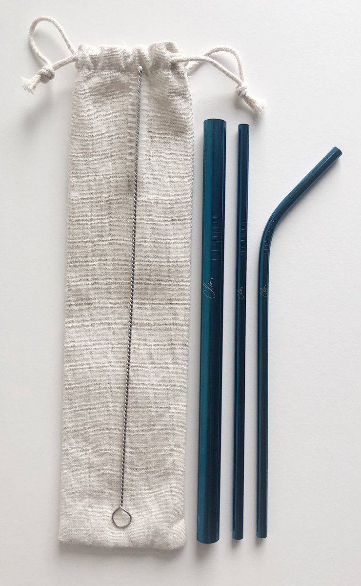 CLO, STRAWS // Blauwe RVS rietjes SET (incl. borstel)