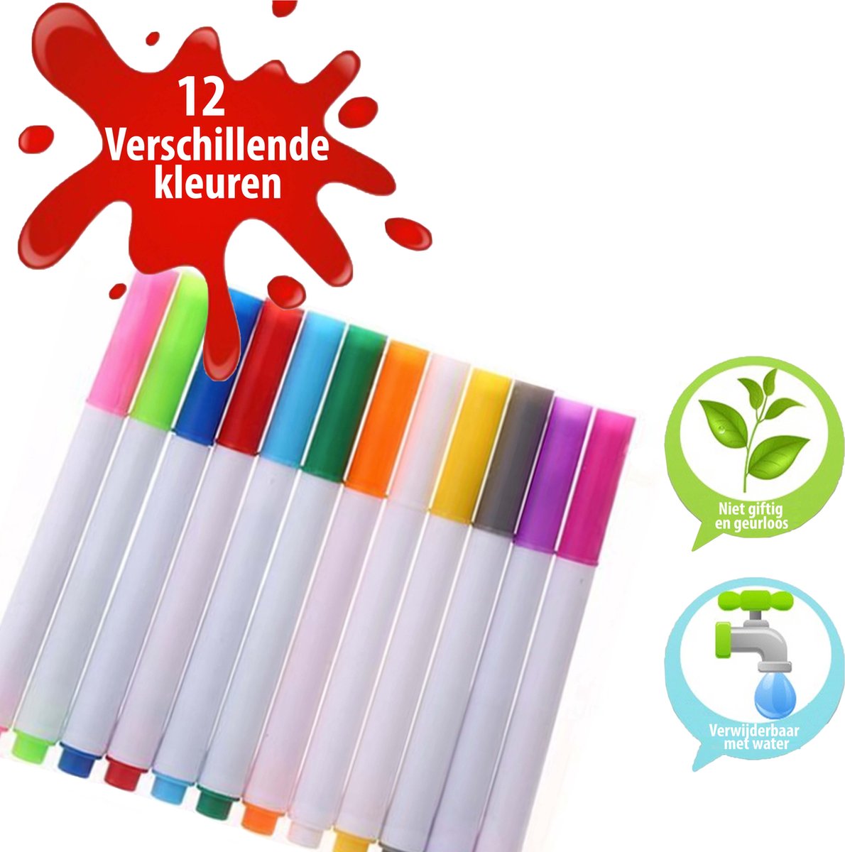 Krijtstiften - Raamstiften - Krijtmarkers - Geschikt om in je haar te gebruiken - Set van 12 kleuren - Stiften - Markers - 6mm reversible tip - Waterbasis - Makkelijk weg te vegen - Raamtekenstiften - Glasstiften - Porselein - Kleuren - Tekenen