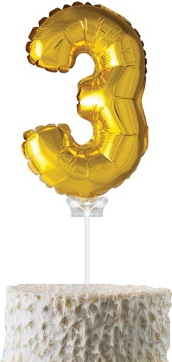 Cijferballon op stokje Cadebo - Taart ballon - 40cm - Cijfer 3 - Goud - Gratis Verzonden