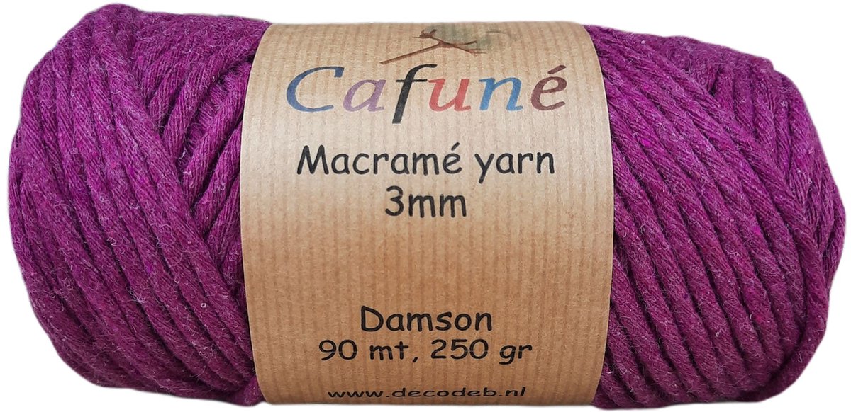 Macrame touw - Damson - 3 mm - 60m - 250gr - Gerecycled katoen koord - Uitkambaar - Getwijnd