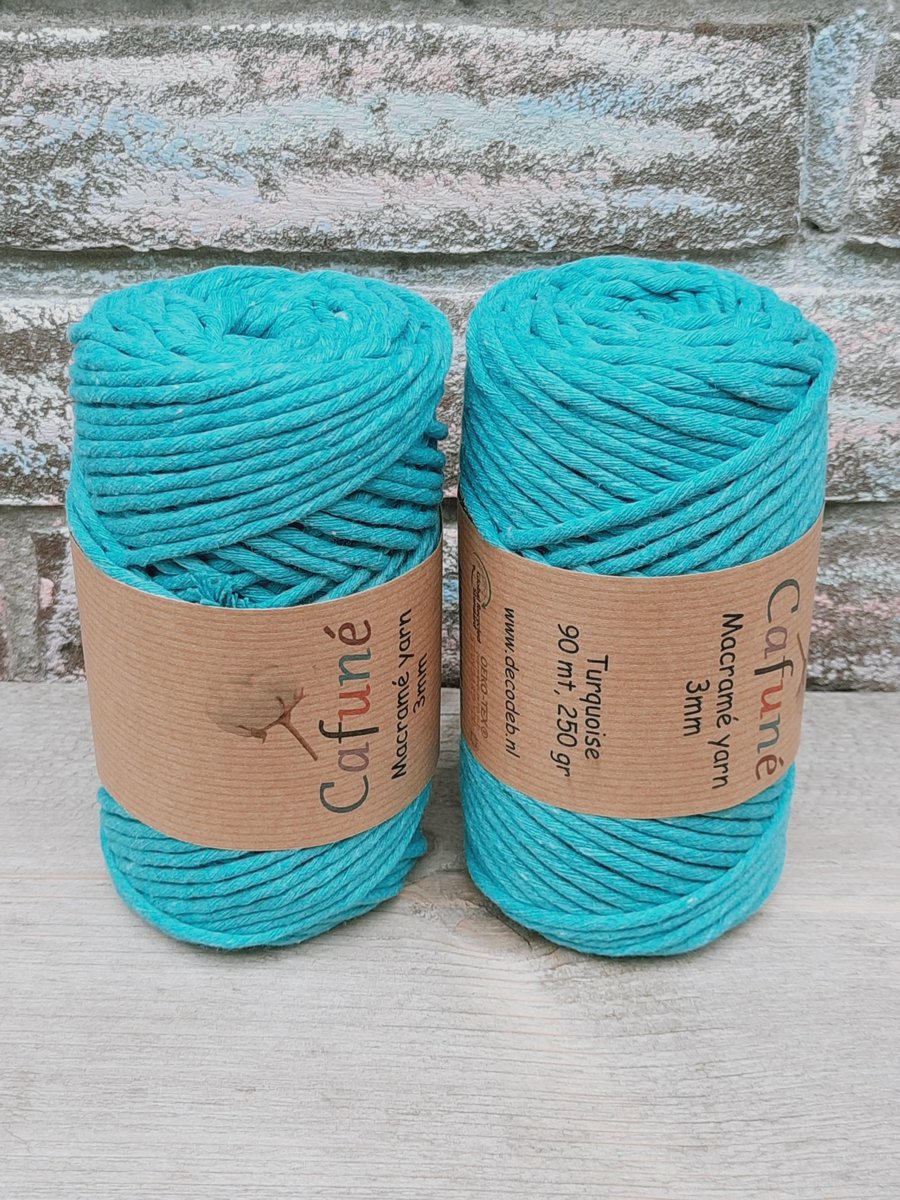 Macramé garen-3 mm-Turquoise-90m- 250gr-Gerecycled-katoen koord-Uitkambaar