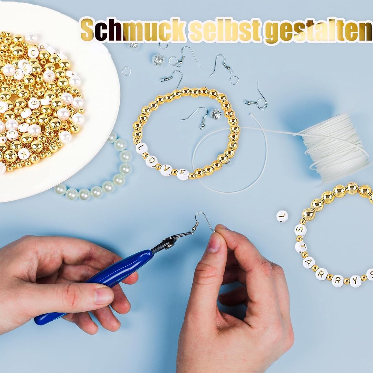   Kralen voor armbanden, halve kralen met letterkralen, doe-het-zelf kit voor het maken van sieraden, armbanden, halskettingen, oorbellen, accessoires