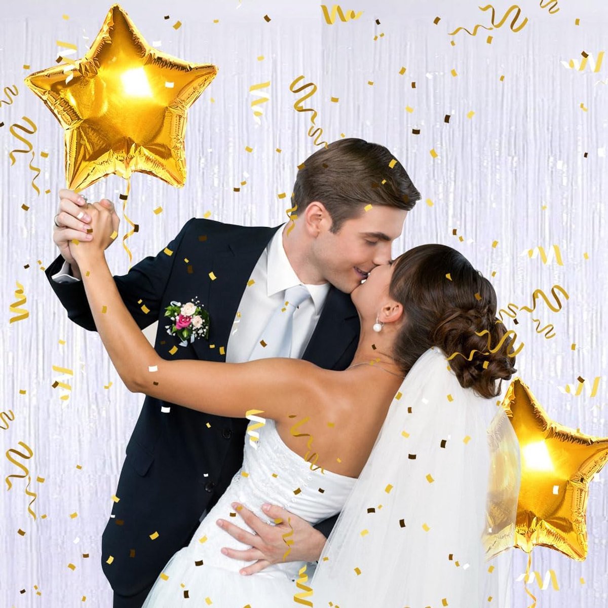   Lametta gordijnen, wit, feestgordijn, 3 stuks, glittergordijn met franjes, 1 m x 2 m, tinsel gordijn, fotowand, achtergronddecoratie voor feest, verjaardag, bruiloft, Happy Birthday, festivaldecoratie