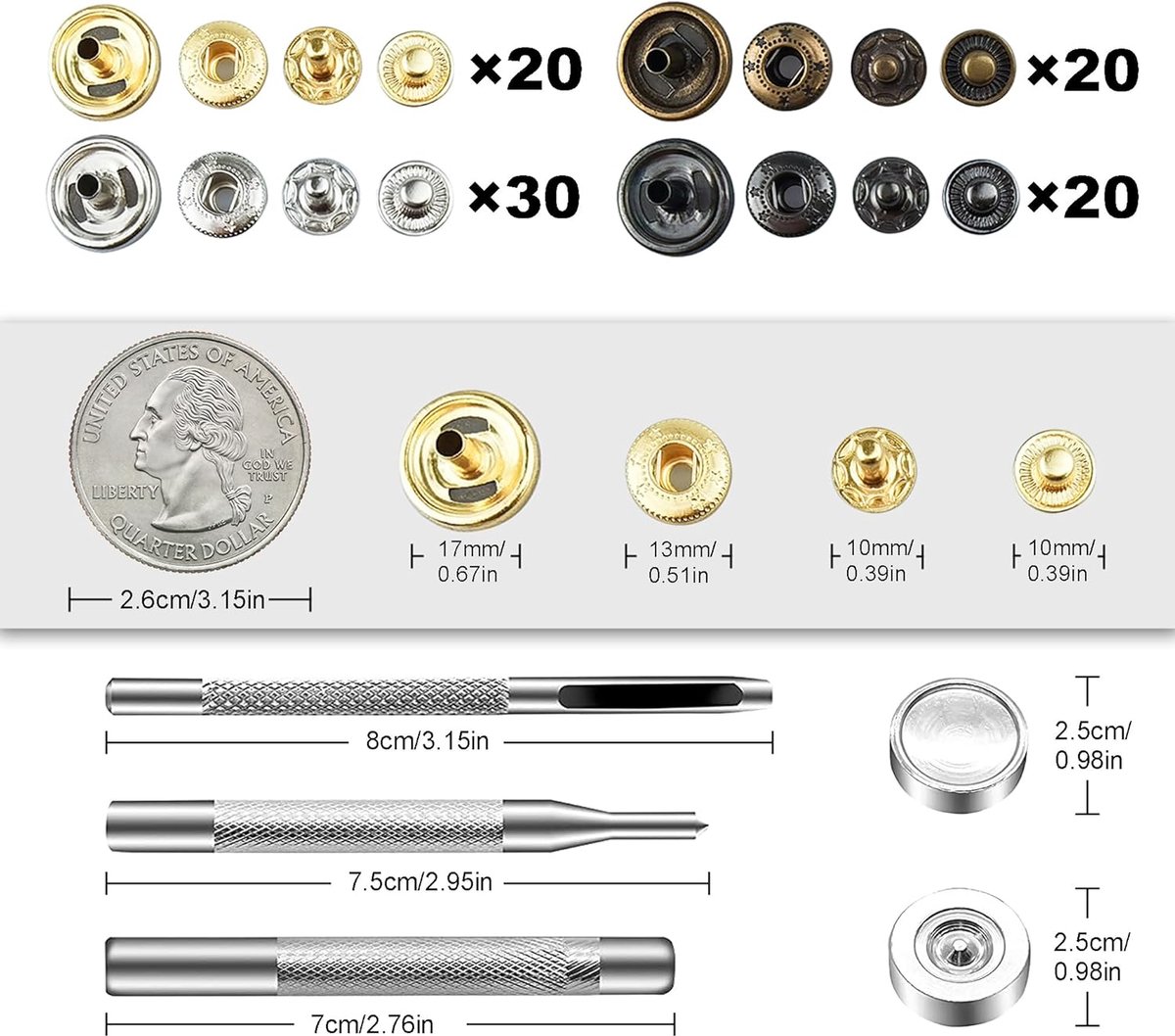 Candala Sets Drukknopen voor Leer, 17mm 4 Kleuren Metalen Drukknopen Kit met 4 Instelgereedschappen, Lederen Drukknopen voor Naaien, Kleding, Jassen, Jeanskleding, Armbanden, Tassen