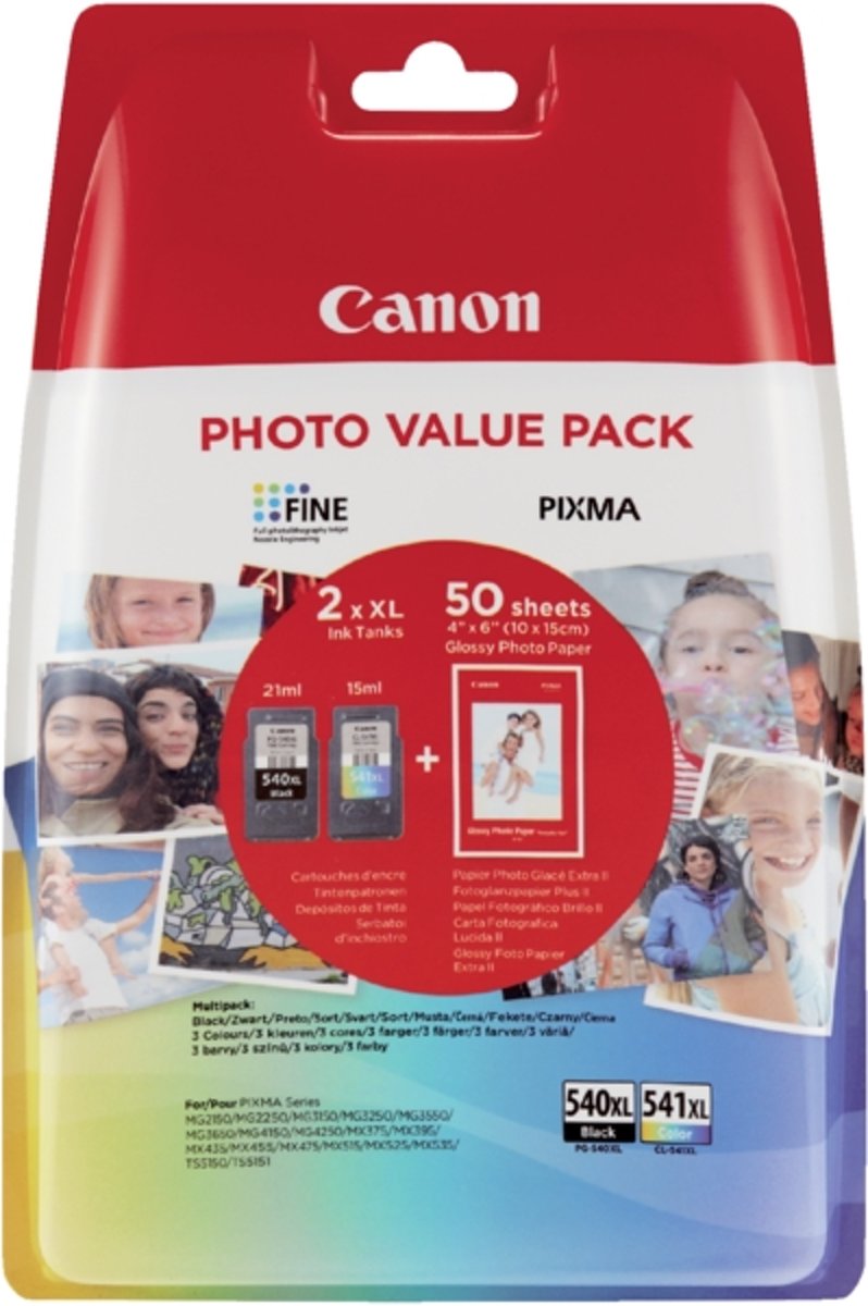 Canon PG-540XL Zwart + CL-541XL  Kleur - Inktcartridges + 50 vel fotopapier 10x15 cm