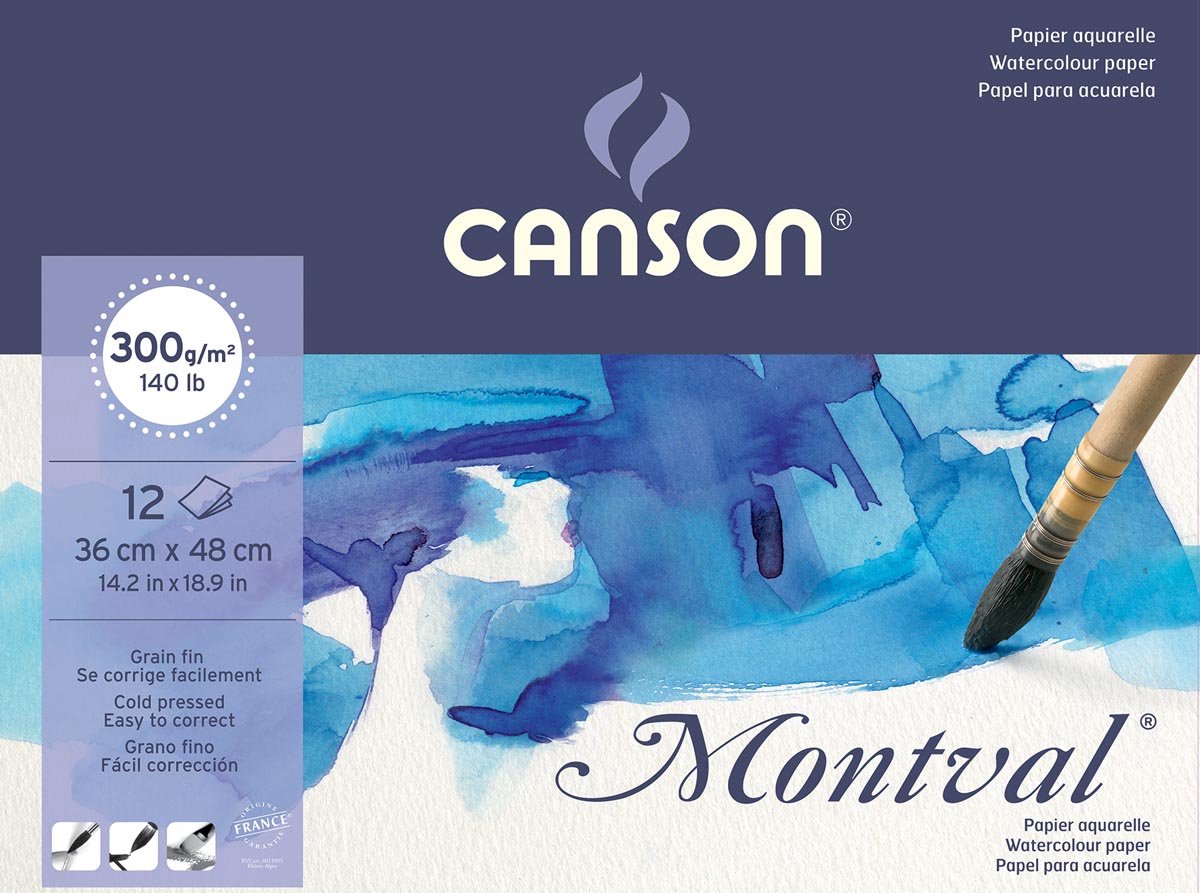 Montval aquarelpapier, wit met fijne korrel 300 g/m², ft 36 x 48 cm, blok met 12 vellen