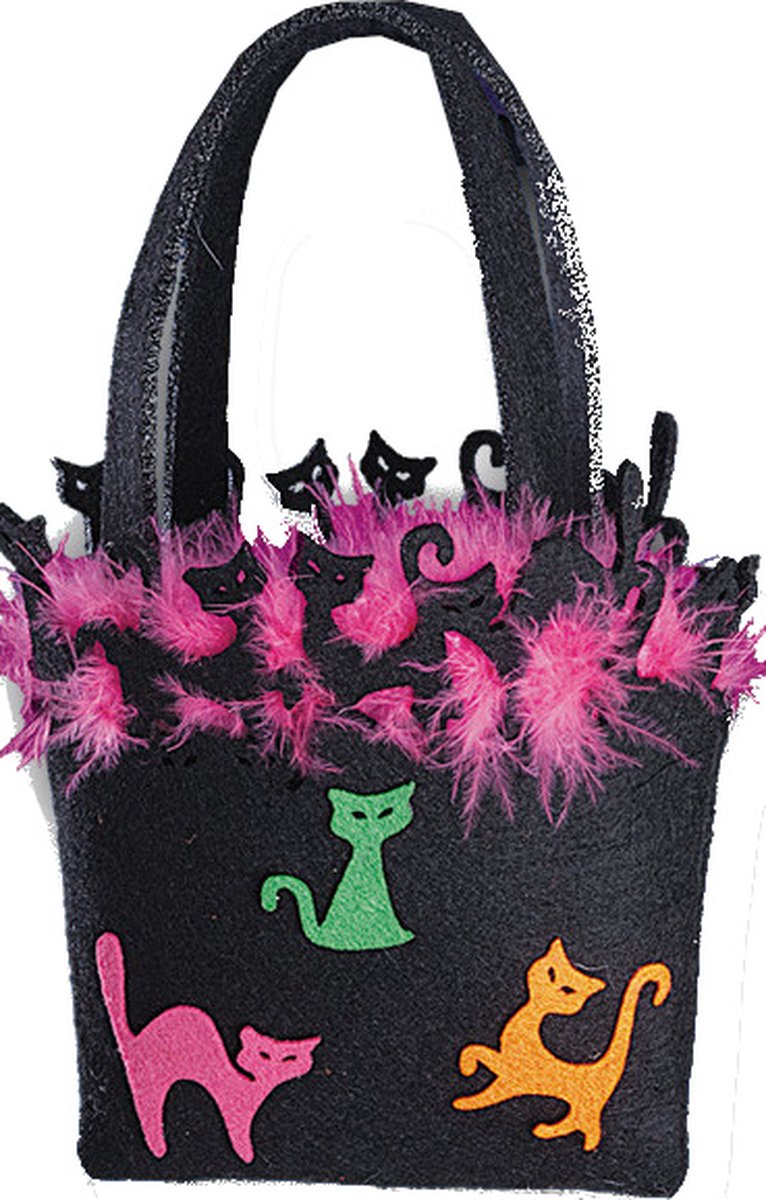 Carnival Toys Tasje Halloween Katten 13 Cm Vilt/veren Zwart