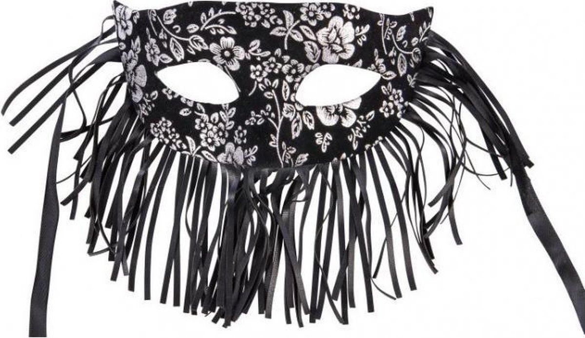 half gezichtsmasker franjes zwart/zilver one-size