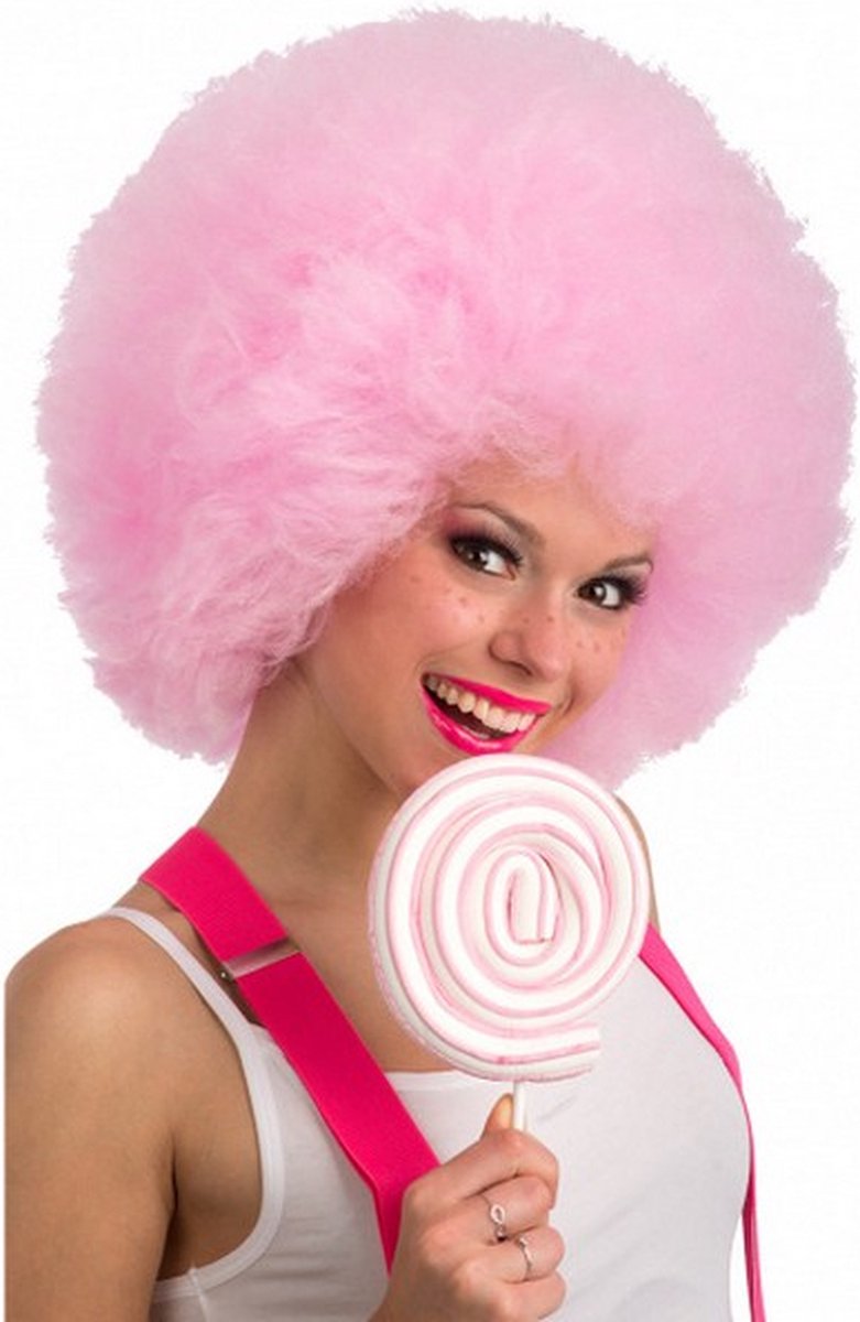 pruik Afro 40 cm synthetisch roze one-size