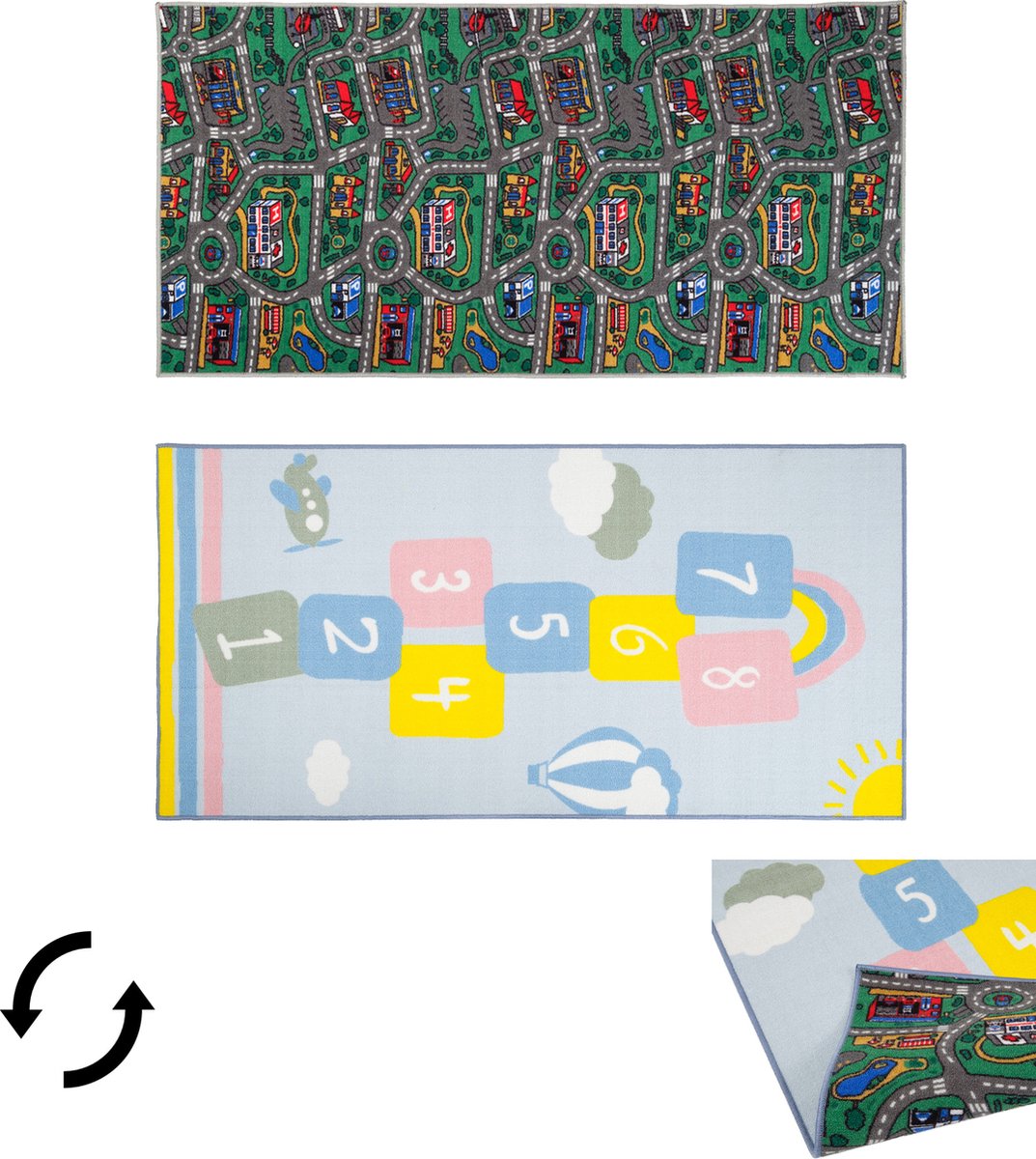 Carpet City & Hinkelspel Speelkleed - Speelmat 100x200 cm - Dubbelzijdig - Vloerkleed Kinderkamer - Antislip Speeltapijt - Verkeerskleed - Hinkelen