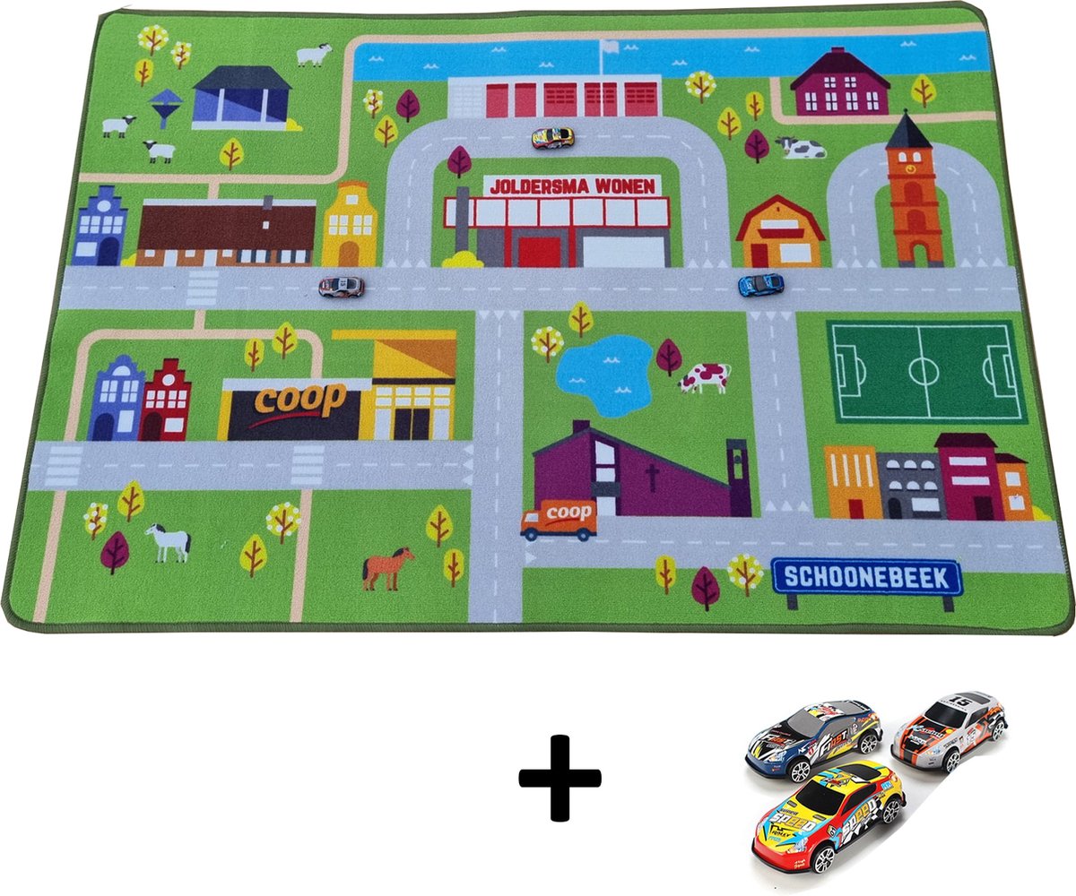 Carpet City Speelkleed - Speelmat 100x150 cm - Inclusief 3 Speelgoed Auto’s - Vloerkleed Kinderkamer - Antislip Speeltapijt - Verkeerskleed