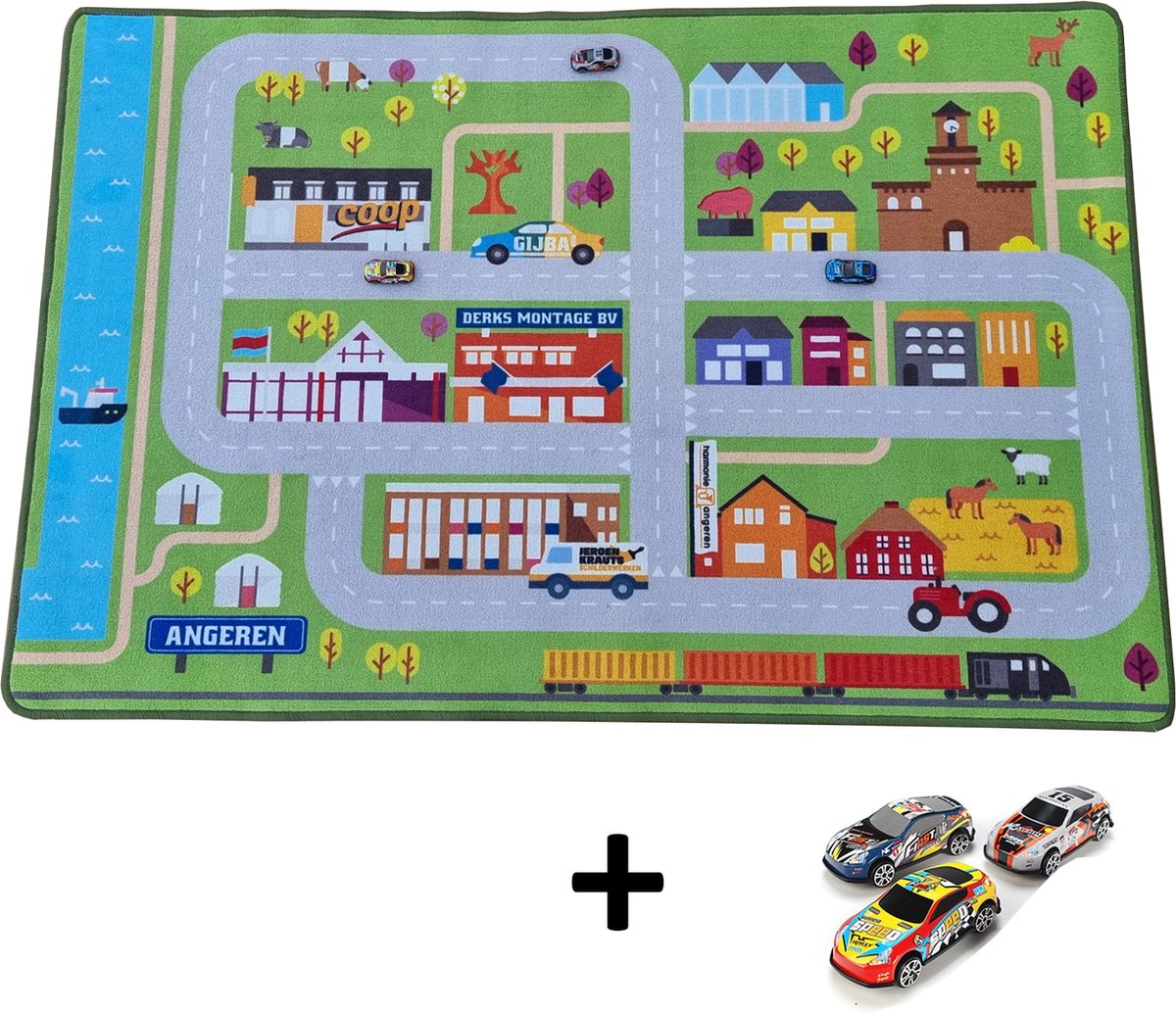 Carpet City Speelkleed - Speelmat 100x150 cm - Inclusief 3 Speelgoed Auto’s - Vloerkleed Kinderkamer - Antislip Speeltapijt - Verkeerskleed