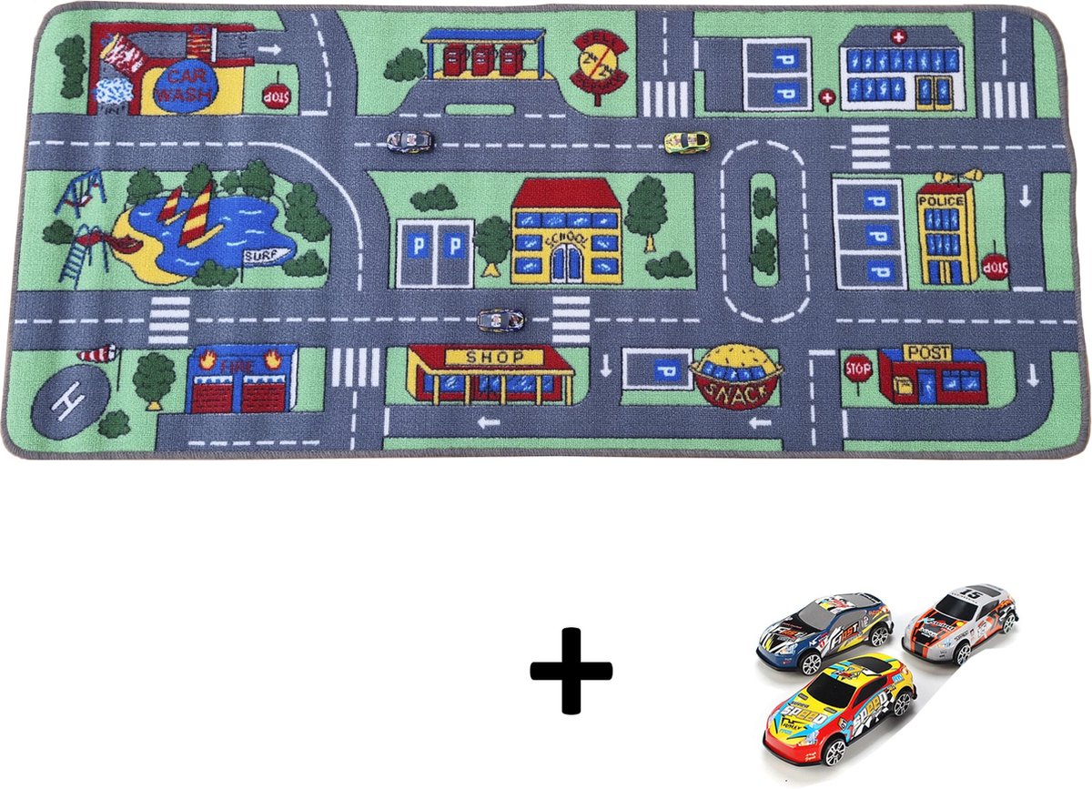 Carpet City Speelkleed - Speelmat 66x155 cm - Inclusief 3 Speelgoed Auto’s - Vloerkleed Kinderkamer - Antislip Speeltapijt - Verkeerskleed