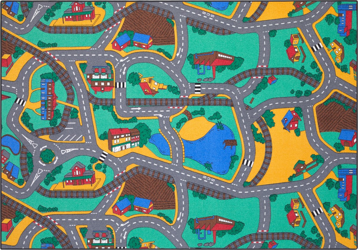 Carpet Studio Playtime Speelkleed – Speelmat 140x200cm - Vloerkleed Kinderkamer - Anti-slip Speeltapijt - Verkeerskleed - Groen/Blauw