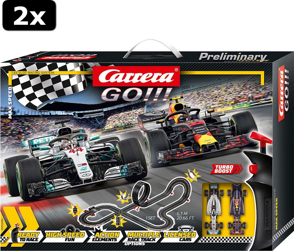 2x Carrera Go!!! Max Speed Racebaan Set 630 cm + 2 Controllers en 2 Autos