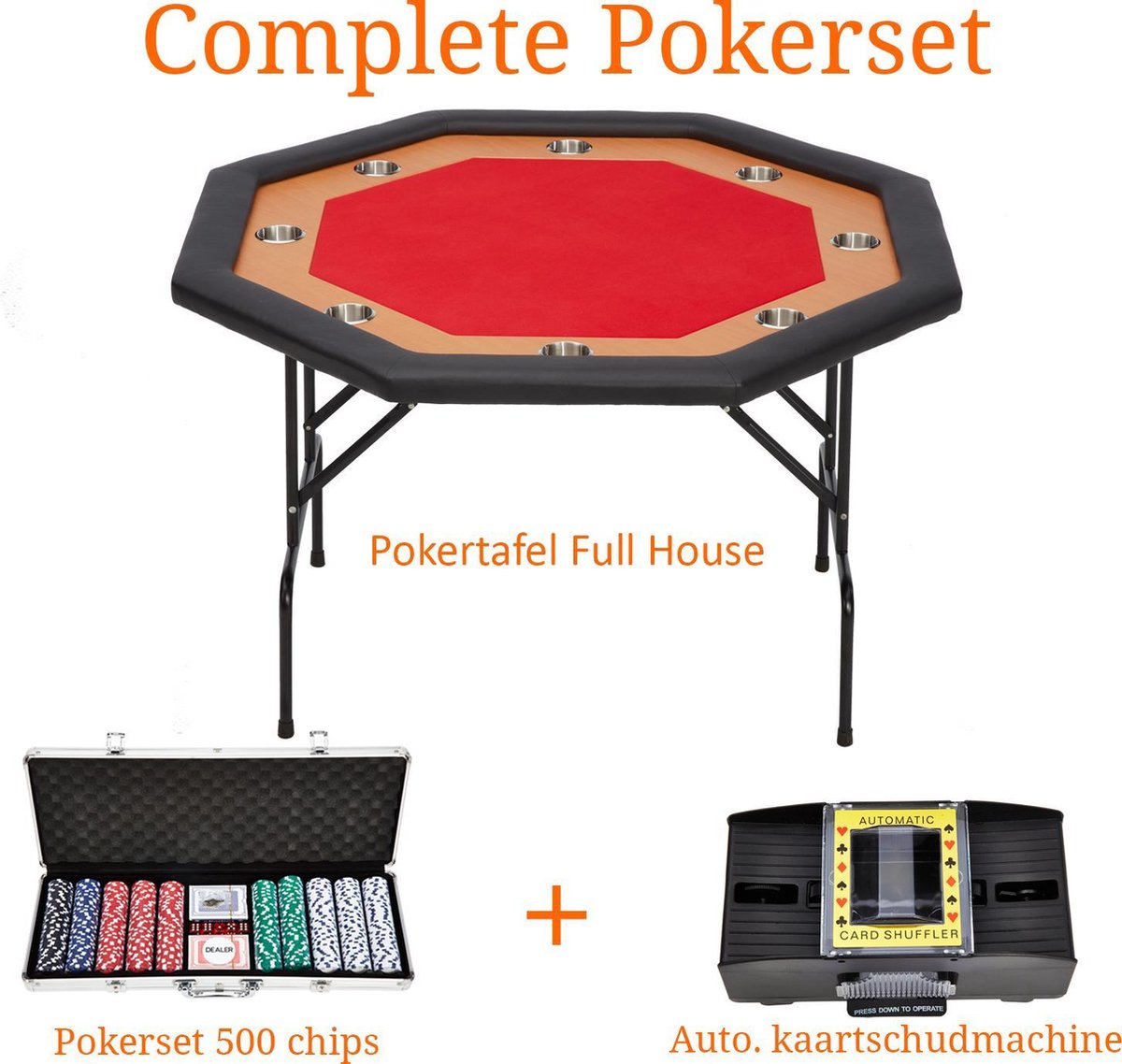 Complete Poker set - Pokertafel - The Full House Professionele Poker Tafel - 8 spelers - Rood - Beuken - Achthoekig - Gewatteerd speelveld - Prof - Geïntegreerde Bekerhouders - Kunstlederen rand - Kunstleer - Op / Inklapbaar - Cave & Garden