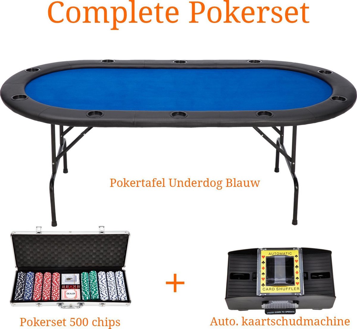 Complete Pokertafel set - Pokerset - The Underdog Professionele Poker Tafel - 10 spelers - Pokertafel - Blauw - Gewatteerd Speelveld - Prof - Geïntegreerde Bekerhouders - Kunstlederen rand - Kunstleer - Op / In klapbaar - Cave & Garden