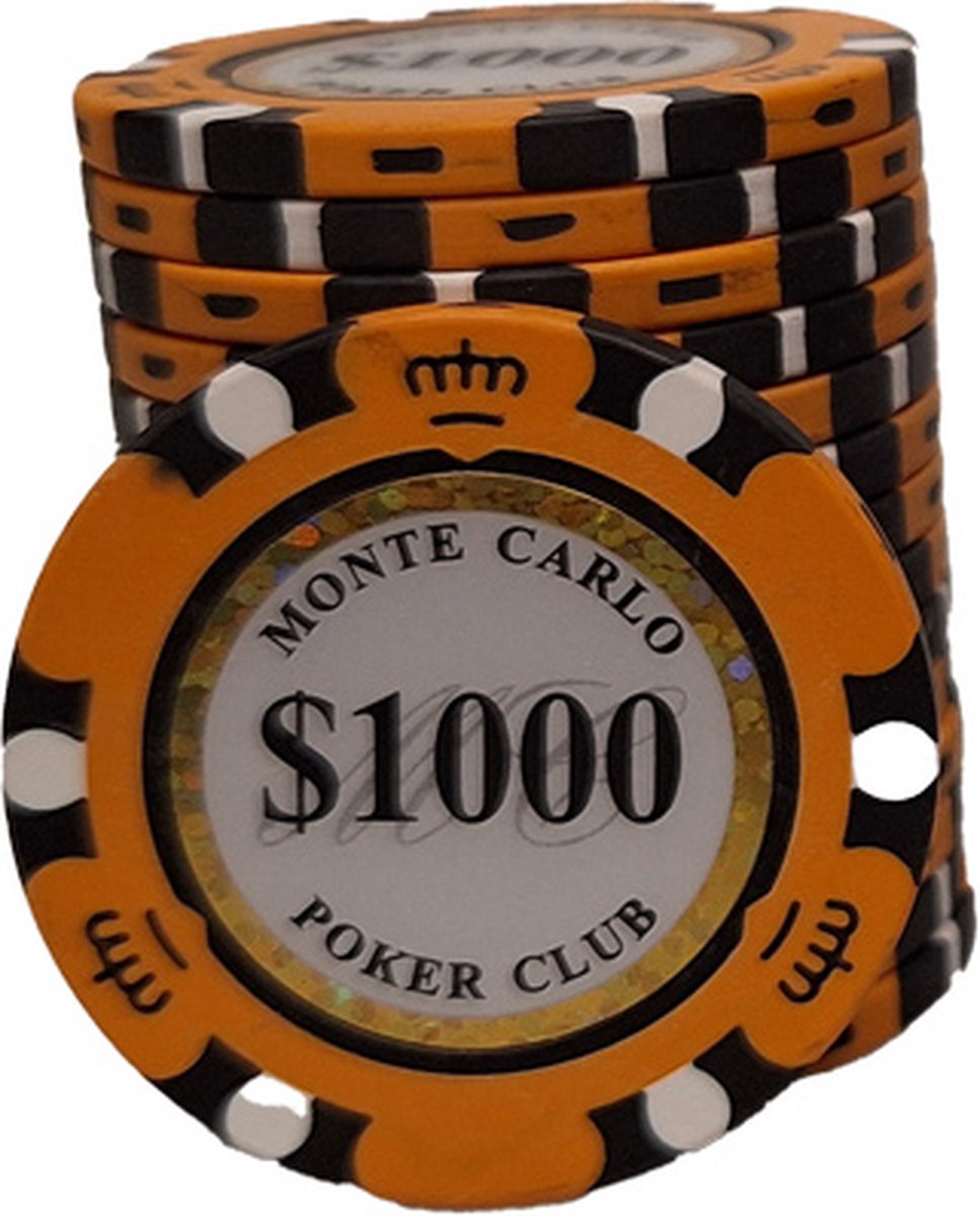 Poker chips 25 stuks - Poker -   - Poker chip met waarde 1000 - Monte Carlo poker chip - Fiches - Poker fiches - Poker chip - Klei fiches -  