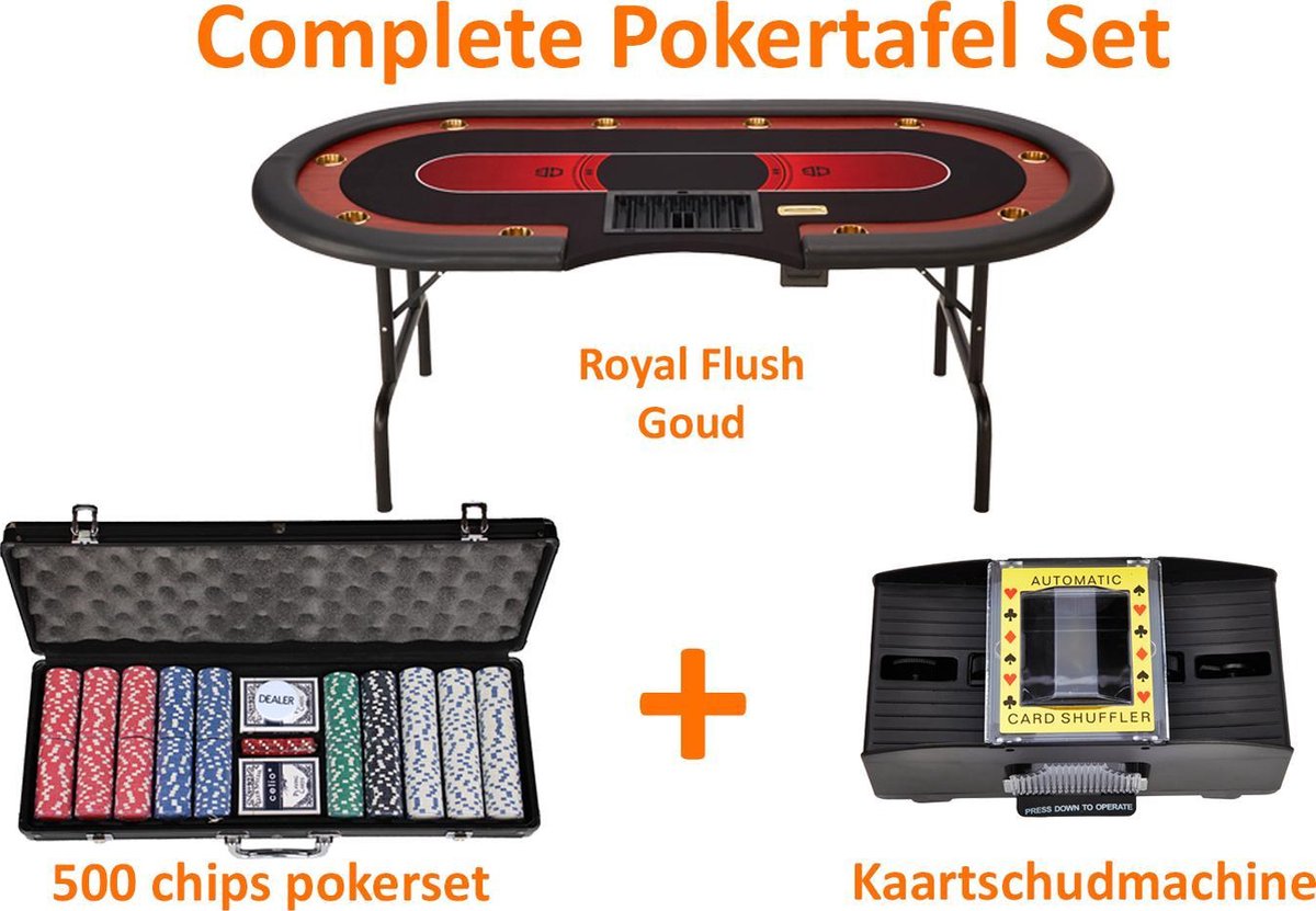 Pokertafel Royal flush - Set - Pokertafel - Complete set - Schud machine - 500 chip set - Goud - Professionele set - Poker tafel - Poker set - Cave & Garden