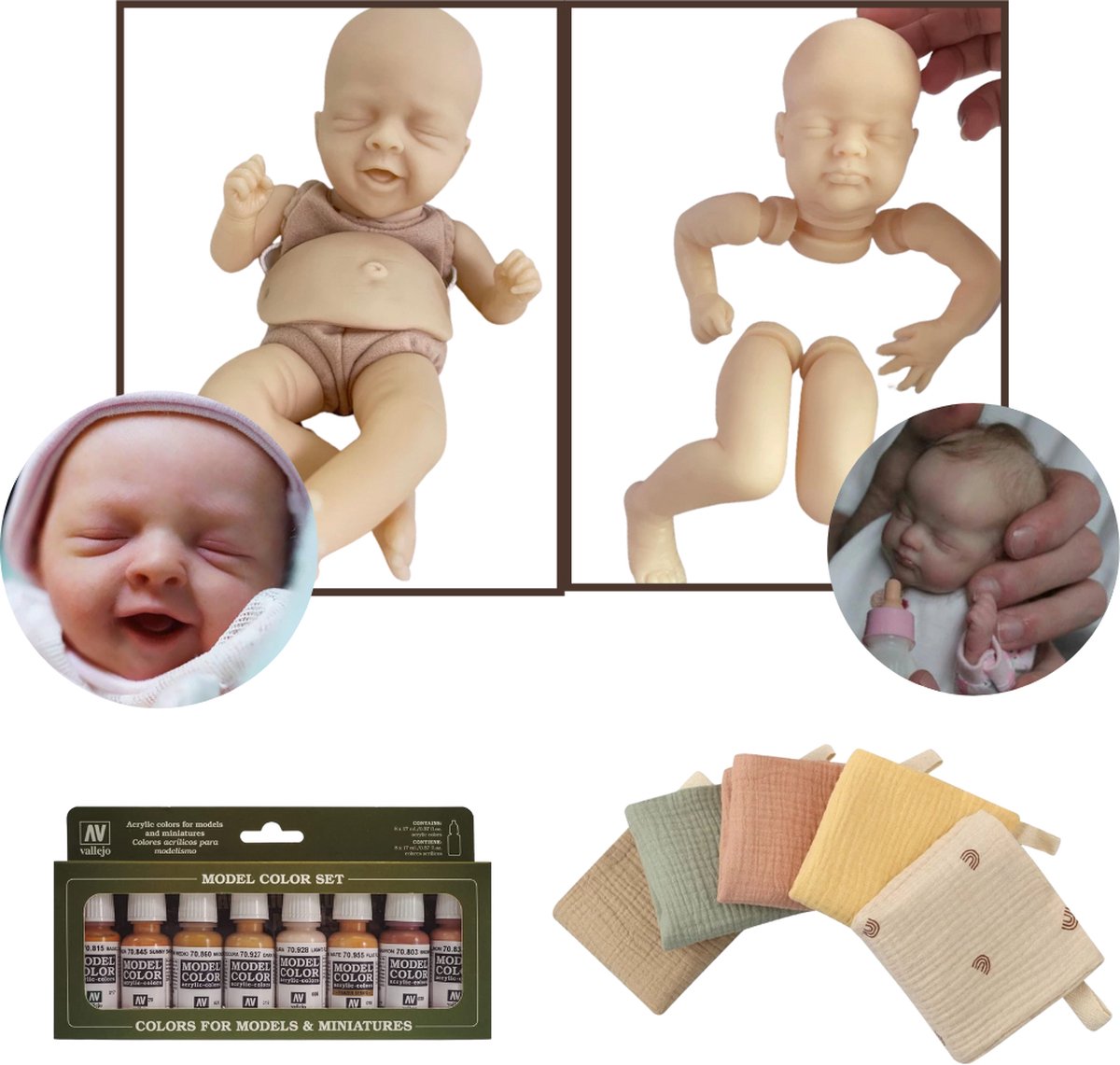 Levensechte Reborn Poppen Kit - 2 x DIY baby  - 12x huidverf - 5x hydrofiel