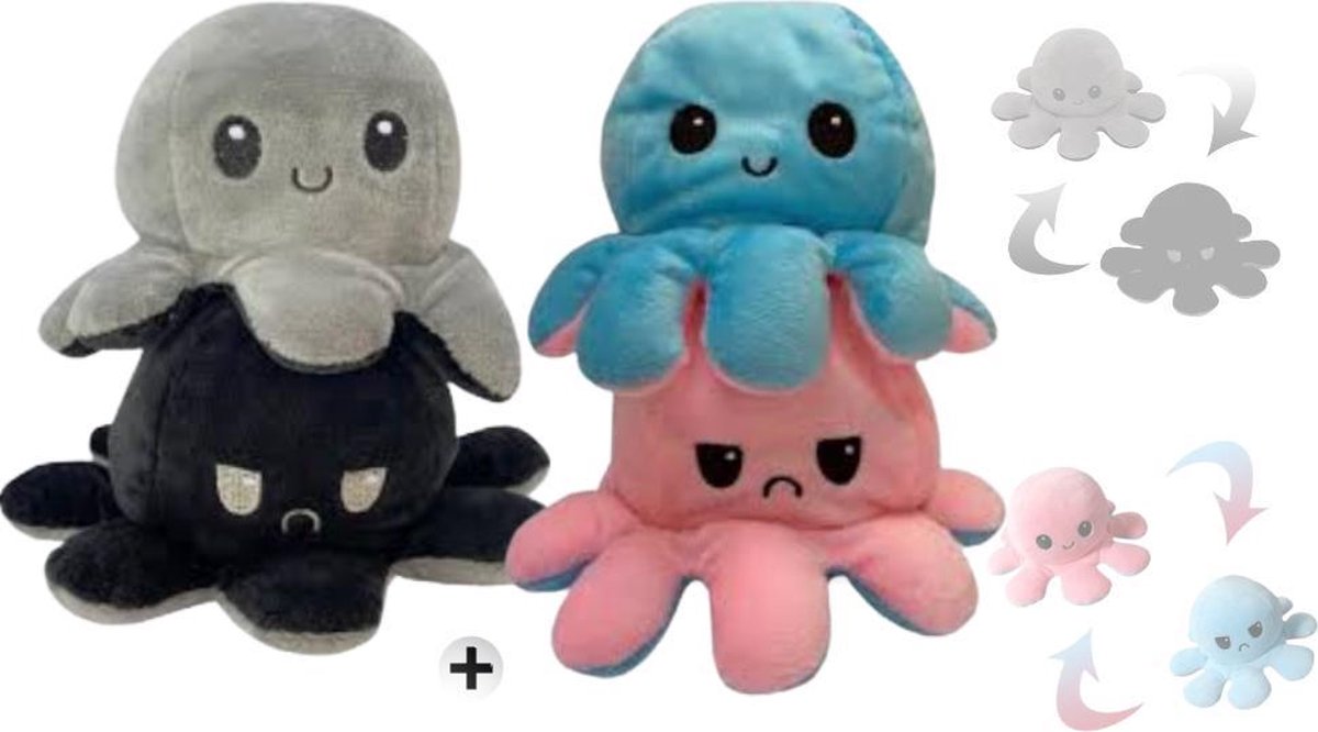 Octopus Knuffeltjes - Mood knuffel - Roze - Blauw - Zwart - Grijs - Blij/Boos knuffel - Omkeerbaar - Emotie knuffel - Plush