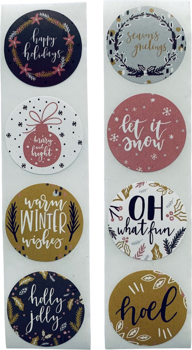 40 Kerst Stickers - 5 Stuks per motief - Happy Holidays Let it Snow Oh what fun Noel Holly jolly Winter wishes Seasons greetings Merry and bright - Wit Oud Roze Grijs Bruin Paars - Doorsnede 2,5 cm