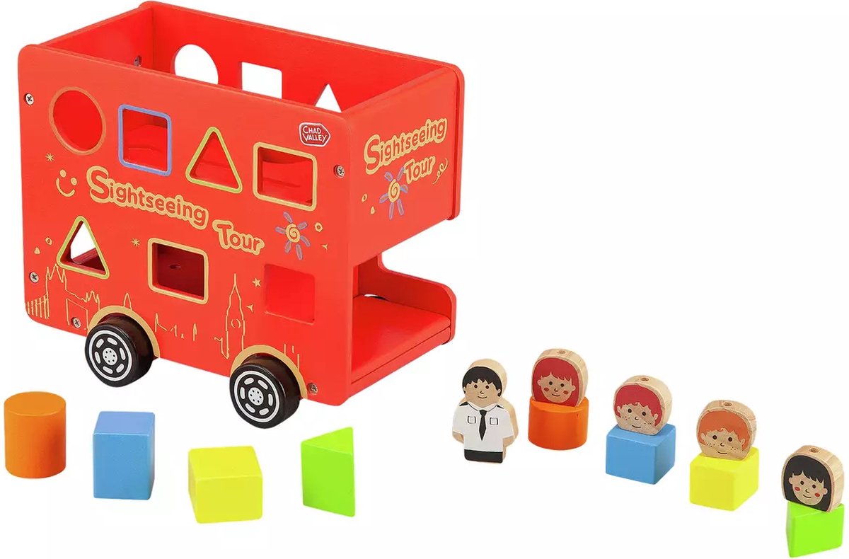   Houten bus vier passagiers en vier vormblokken