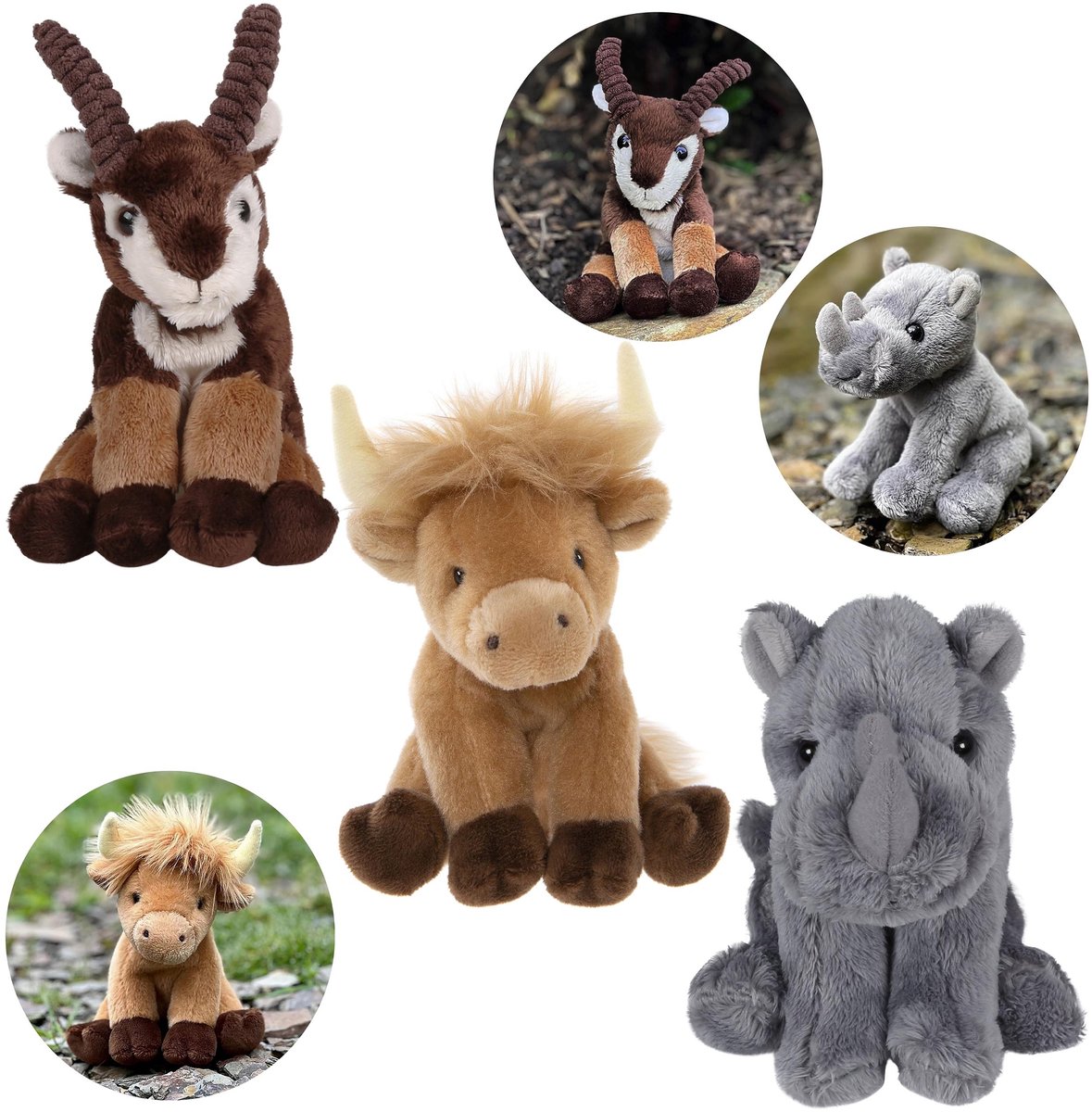 Charlie Bears Set van drie knuffels uit de Cuddle Cubs-serie: berggeit, koe, neushoorn pluche knuffels ideaal voor baby’s, 13 cm