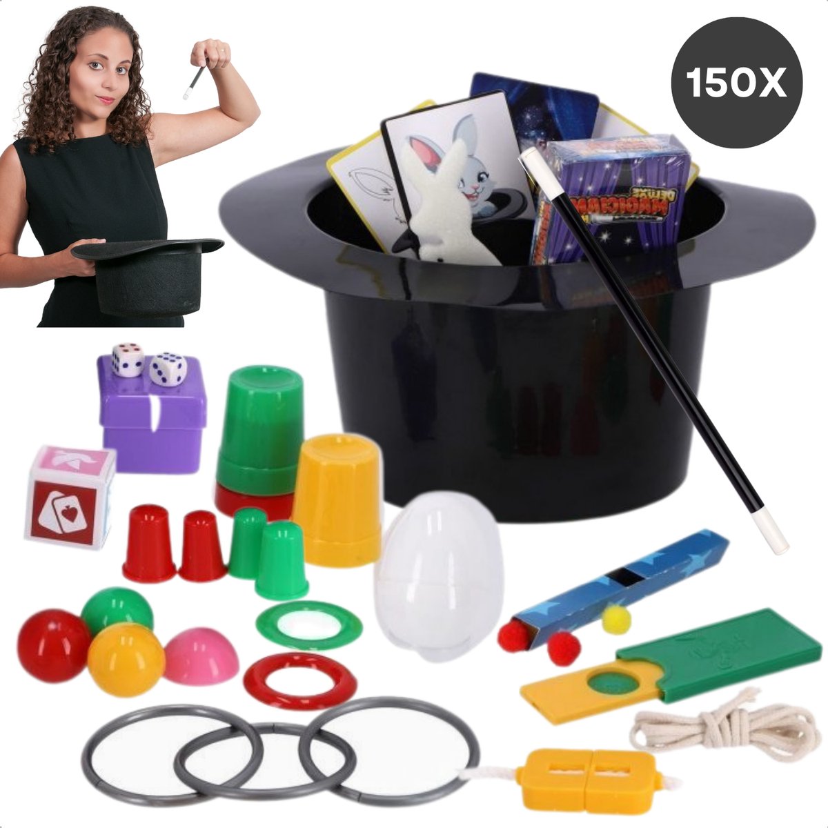  ® Magische   - 150 Trucs - Magic Tricks Set - Inclusief Goochelhoed en Goochelstok - Met Bekers, Ringen, Ballen, en Meer - Goochelset voor Kinderen - Goochelen