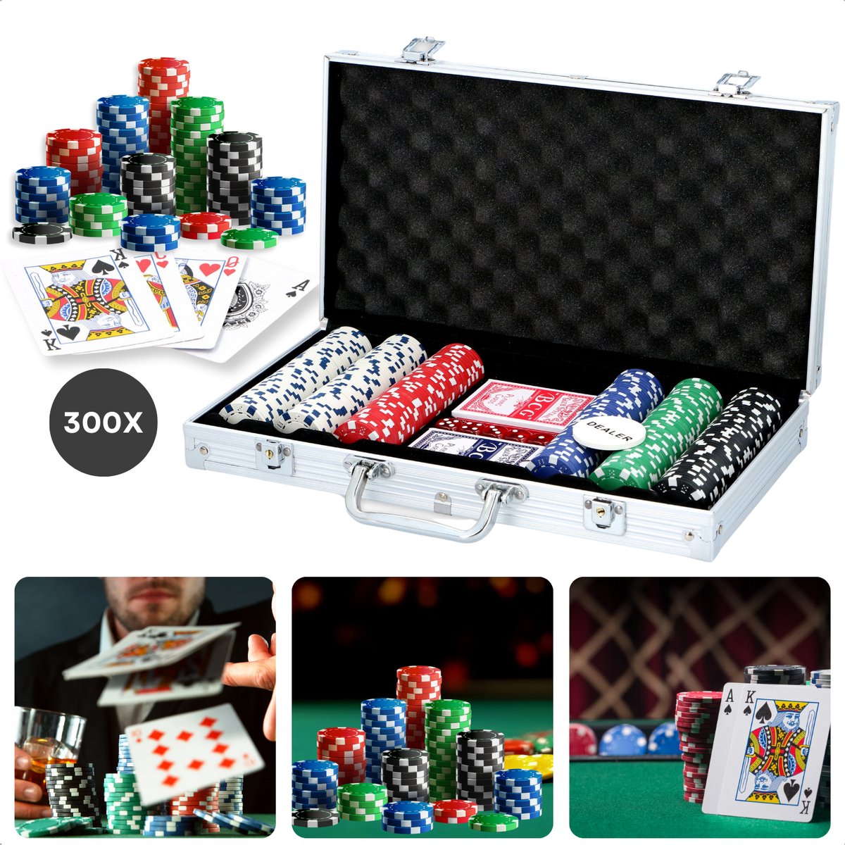  ®   Aluminium Koffer - Pokeren - Poker Set met 300 Fiches - Poker Spel voor 5 Personen - Inclusief Dobbelstenen en Kaarten