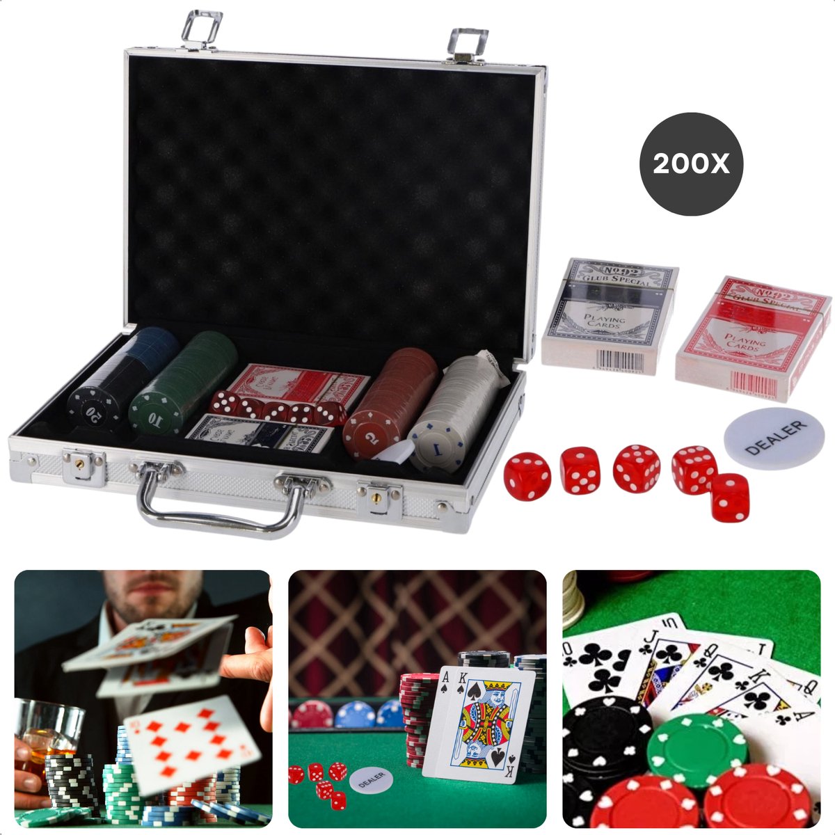  ®   in Aluminium Koffer - 200-Delig - Inclusief Speelkaarten en Fiches - Poker Set - Poker Koffer