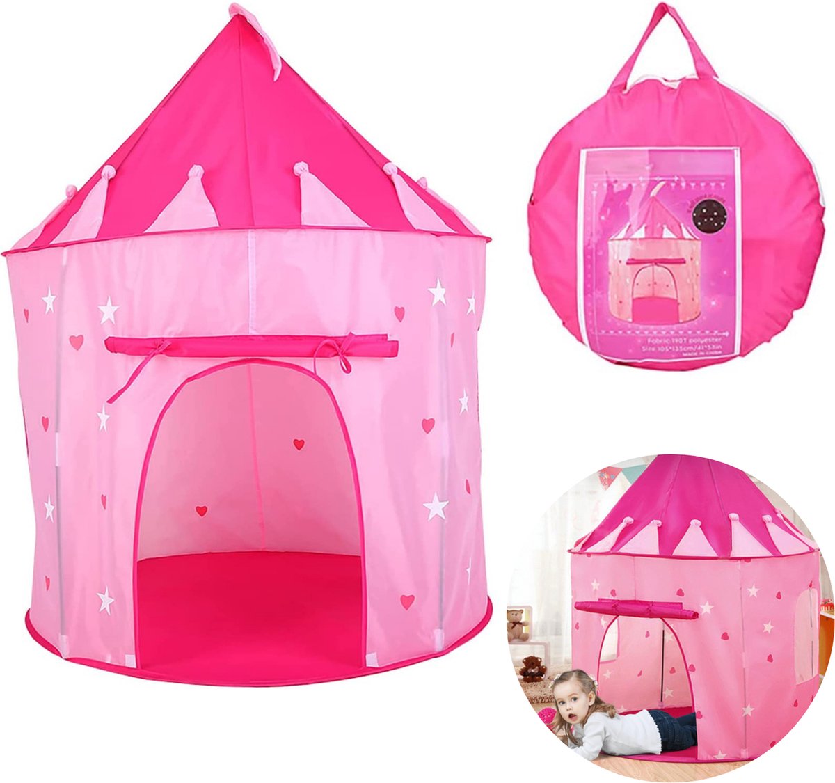 Cheqo® Speeltent - Kinderspeeltent - Prinsessen Kasteel - Prinsessentent - Polyester - Met Opbergzak - Roze - Ø105x125cm