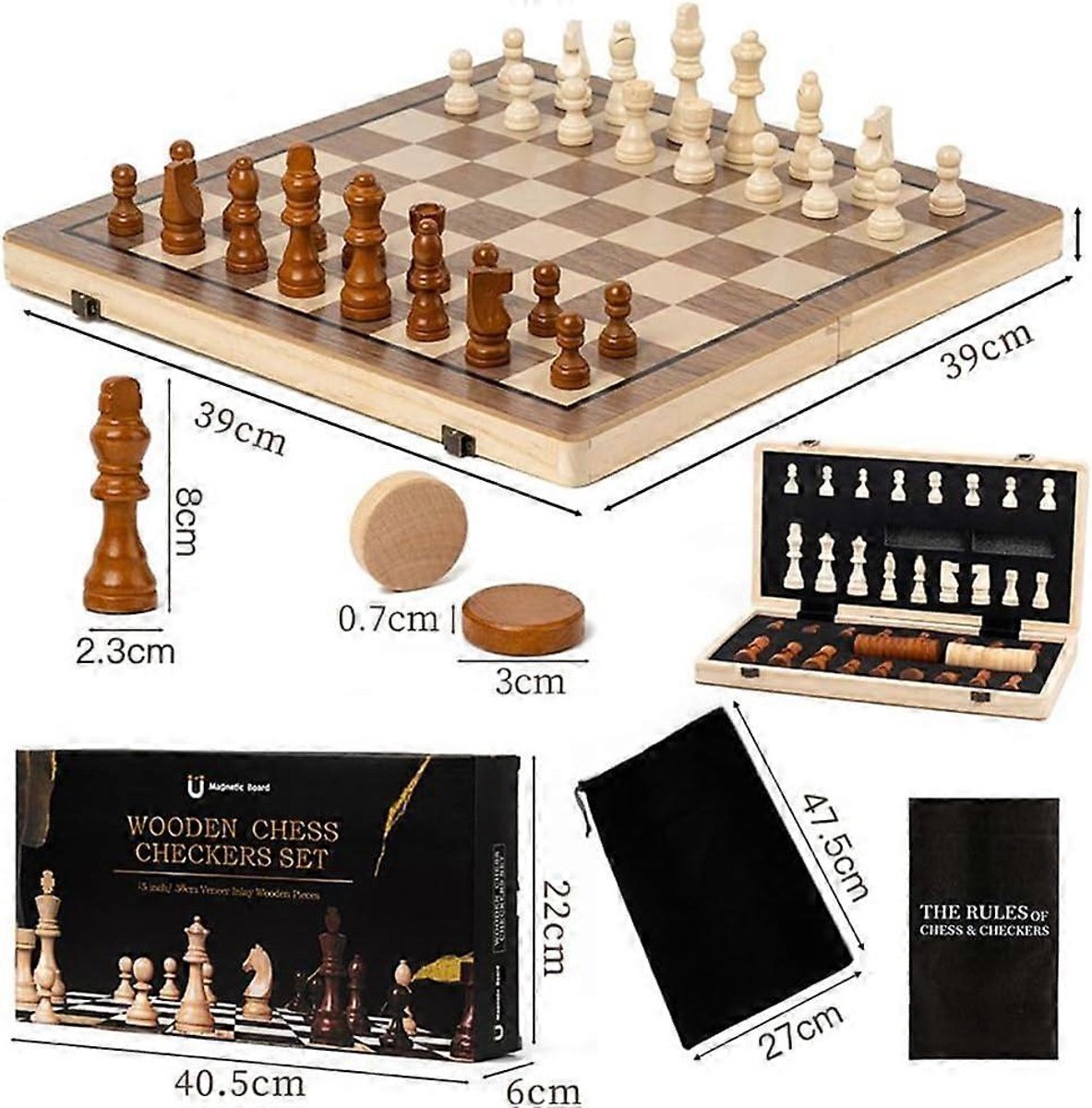  &Checkers - Magnetische Schaak- en Dambord - Opvouwbaar - 2in1 Houten bord en stukken - Incl. Reistas - Schaakbord - Dambord