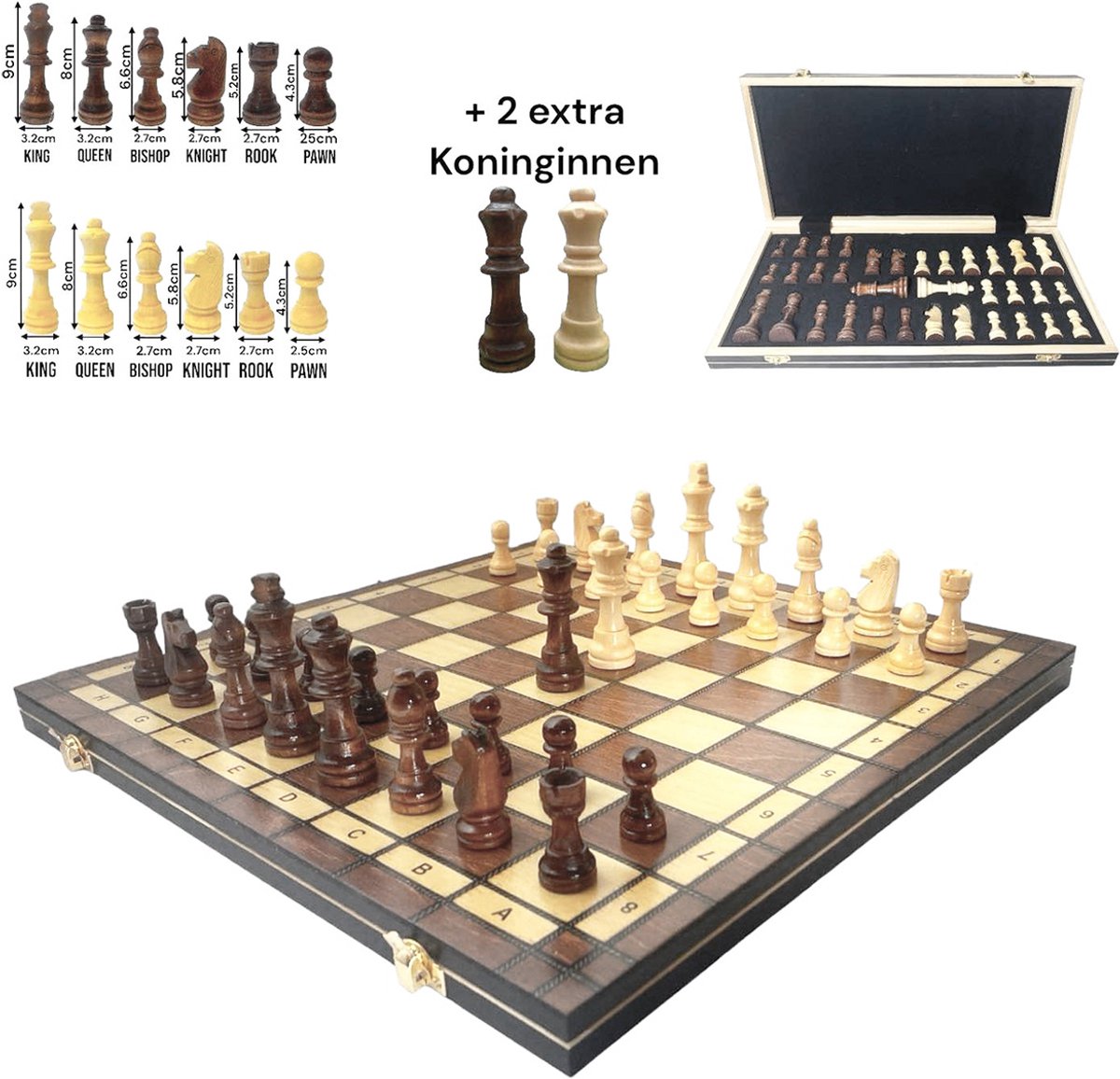   - Schaakbord 49x49 CM - schaken - 2x extra koninginnen - Magnetisch houten Opklapbaar bord - Schaakspel - XXL