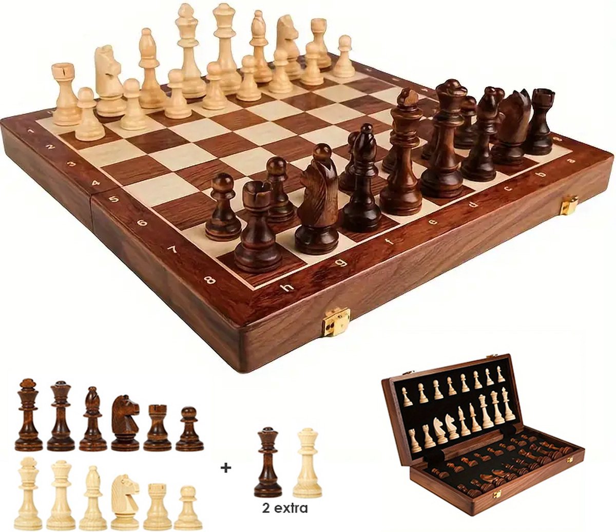 Wood   set - Houten schaakbord - 45x45 CM - schaakset - opklapbaar - schaakspel - schaken + 2 extra koninginnen