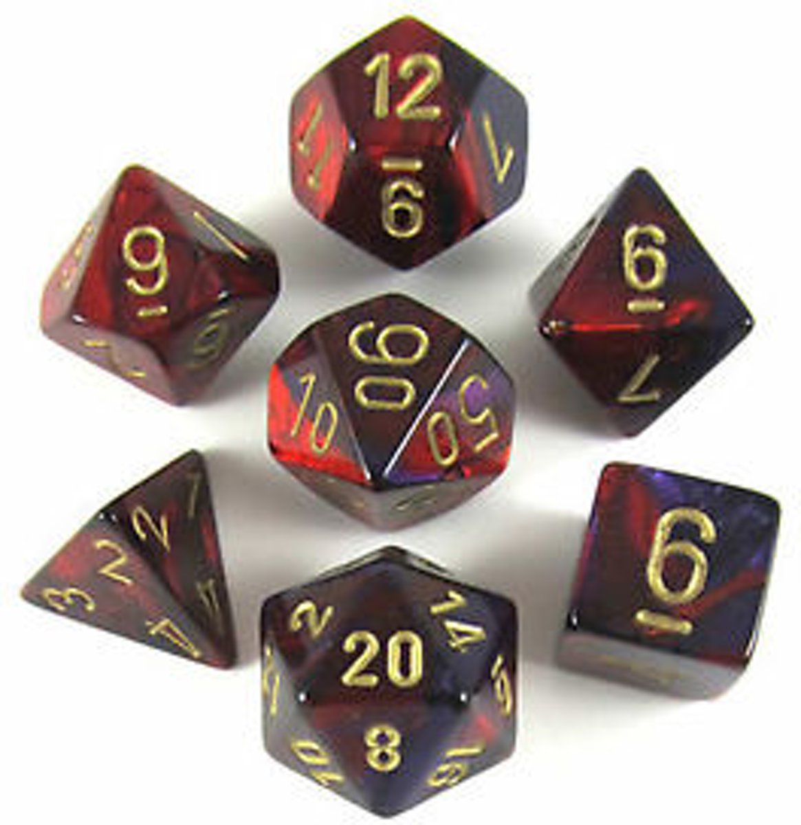 Chessex Polydice 7 Dobbelstenenset Gemêleerd Paars Rood met Goud