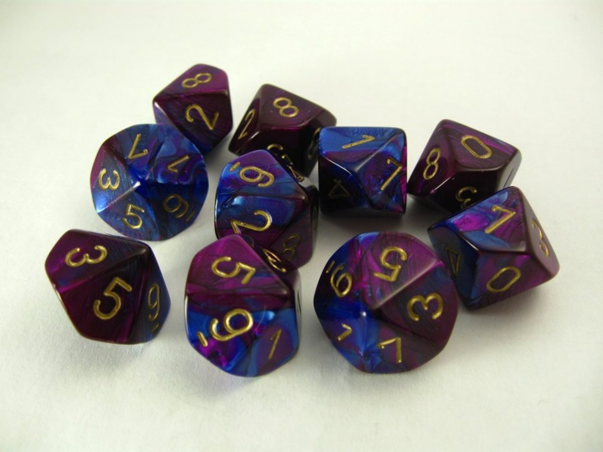 Chessex dobbelstenen set, 10 10-zijdig, Gemini blue-purple w/gold