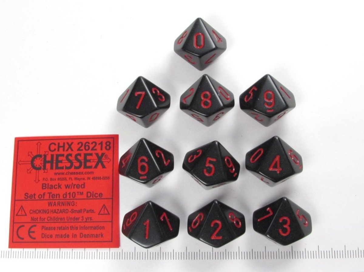 Chessex dobbelstenen set, 10 10-zijdig Opaque Black with red