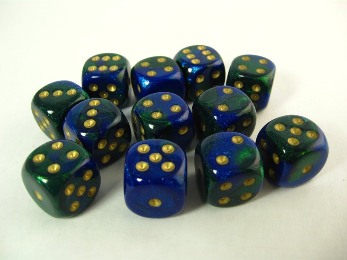 Chessex dobbelstenen set, 12 6-zijdig 16 mm, Gemini blue-green w/gold