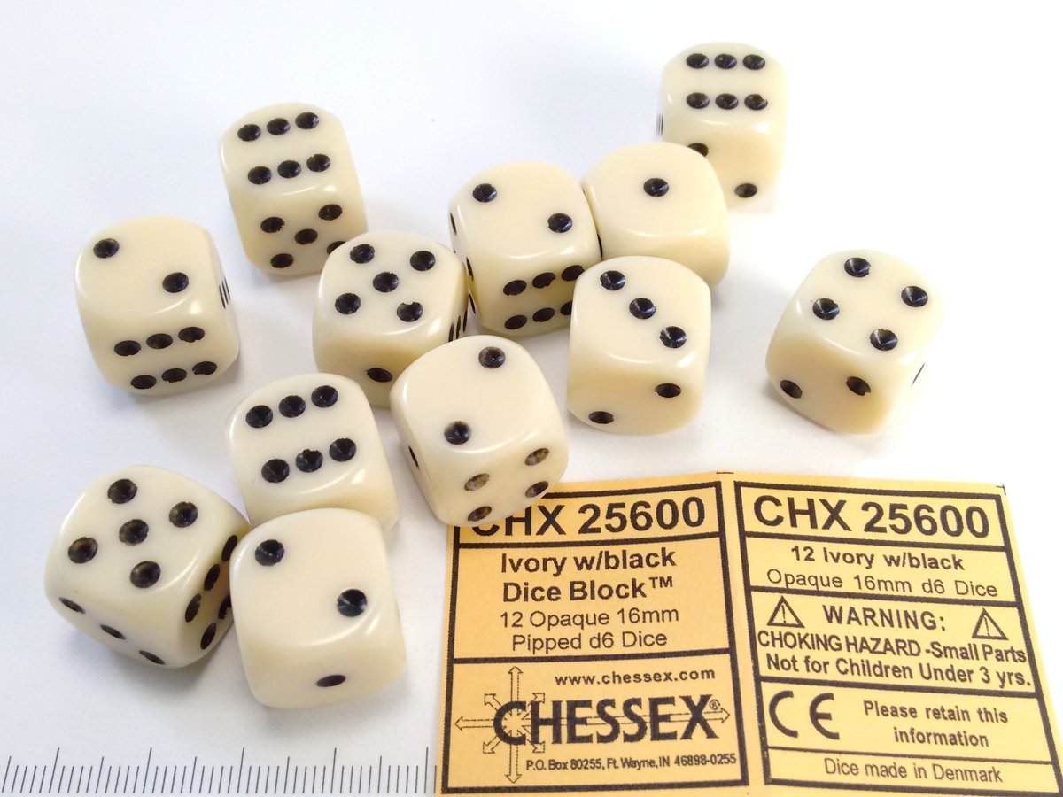 Chessex dobbelstenen set, 12 6-zijdig 16 mm, ivoorkleurig