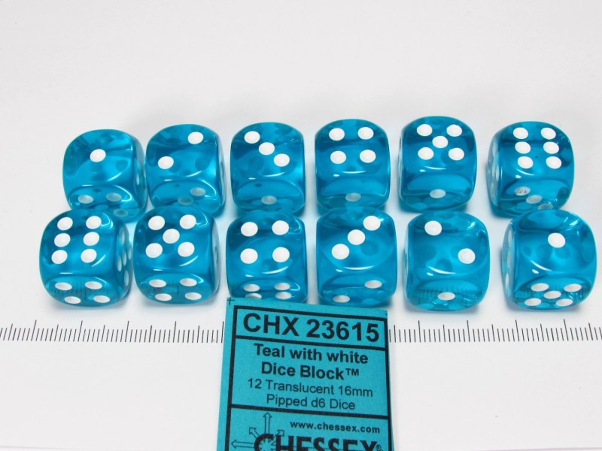 Chessex dobbelstenen set, 12 6-zijdig 16 mm, transparant turquoise