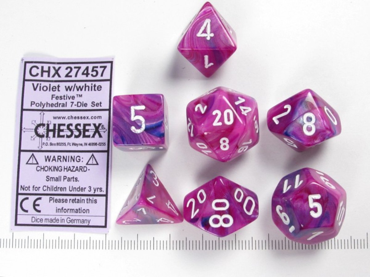 Chessex dobbelstenen set, 7 polydice, Festive violet w/white