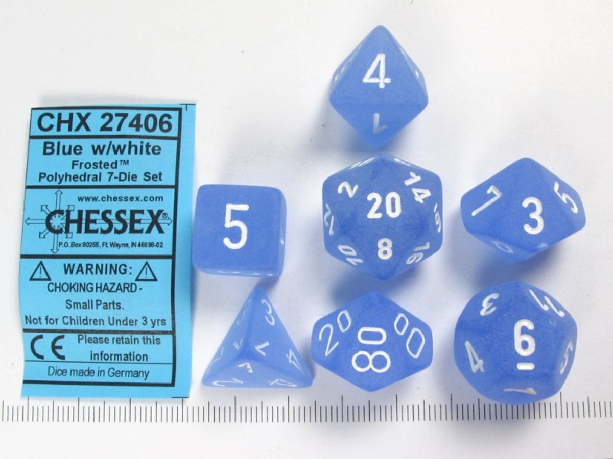 Chessex dobbelstenen set, 7 polydice, Frosted blue w/white