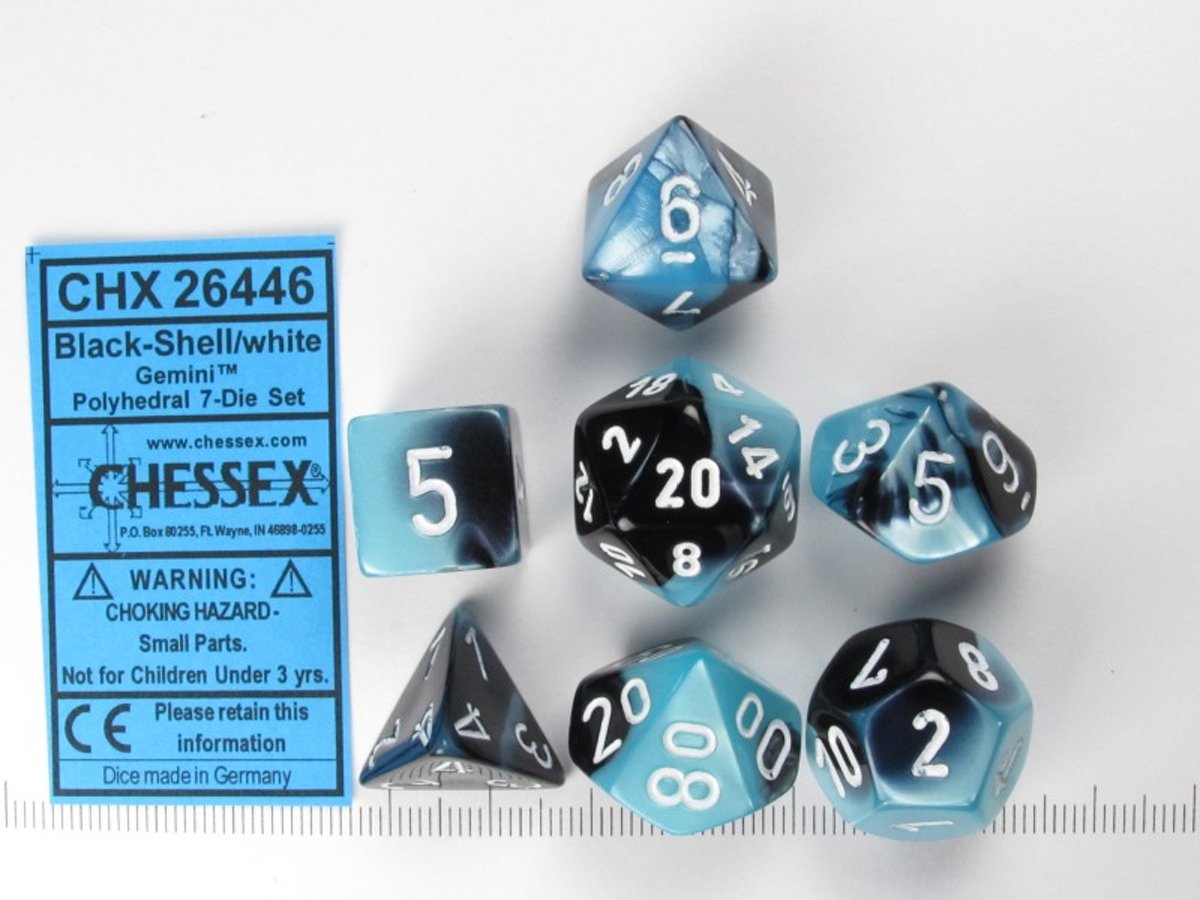 Chessex dobbelstenen set, 7 polydice, Gemini black-Shell w/white